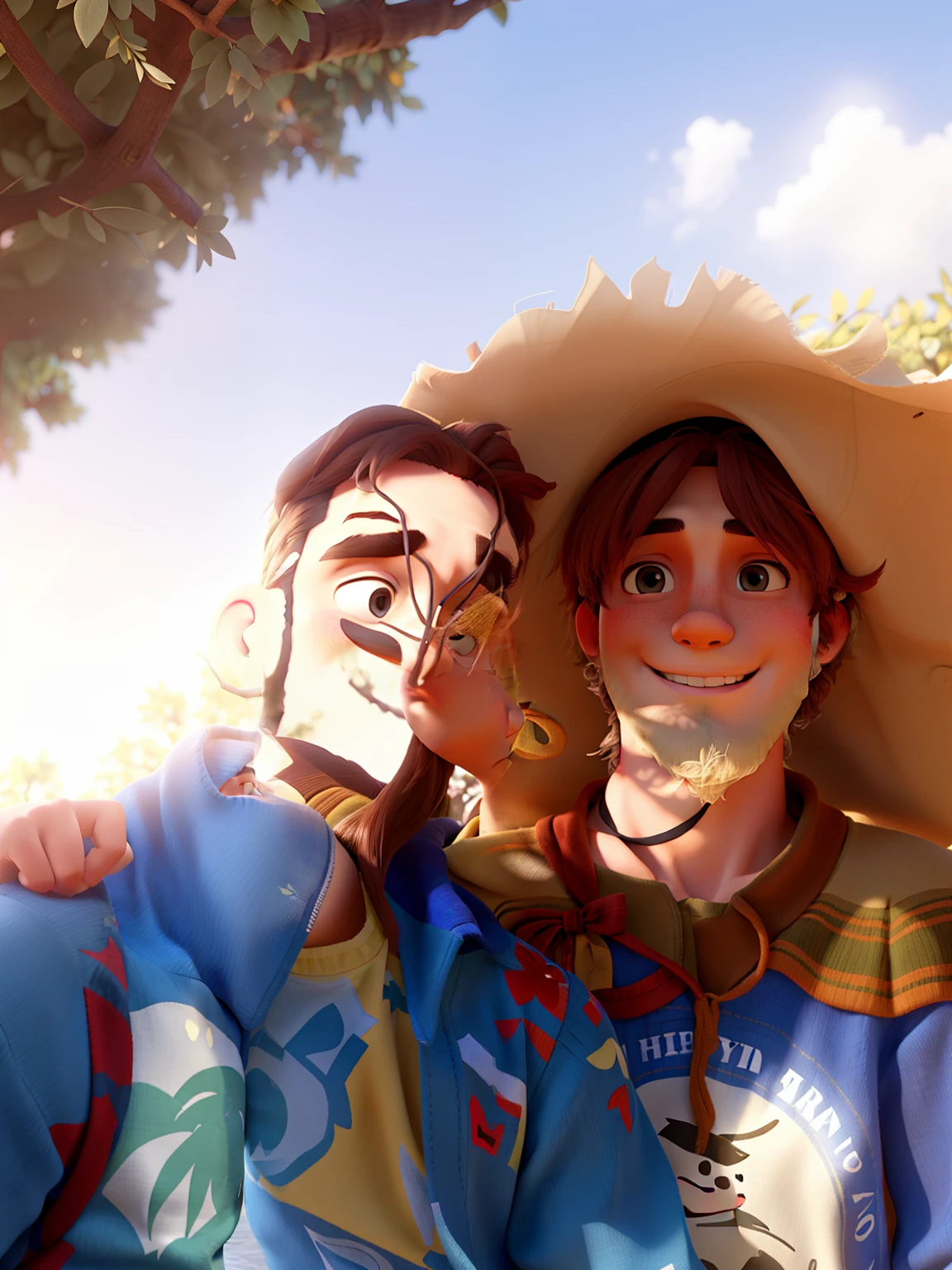 Happy couple under the tree. with cap,  camisetas alegres