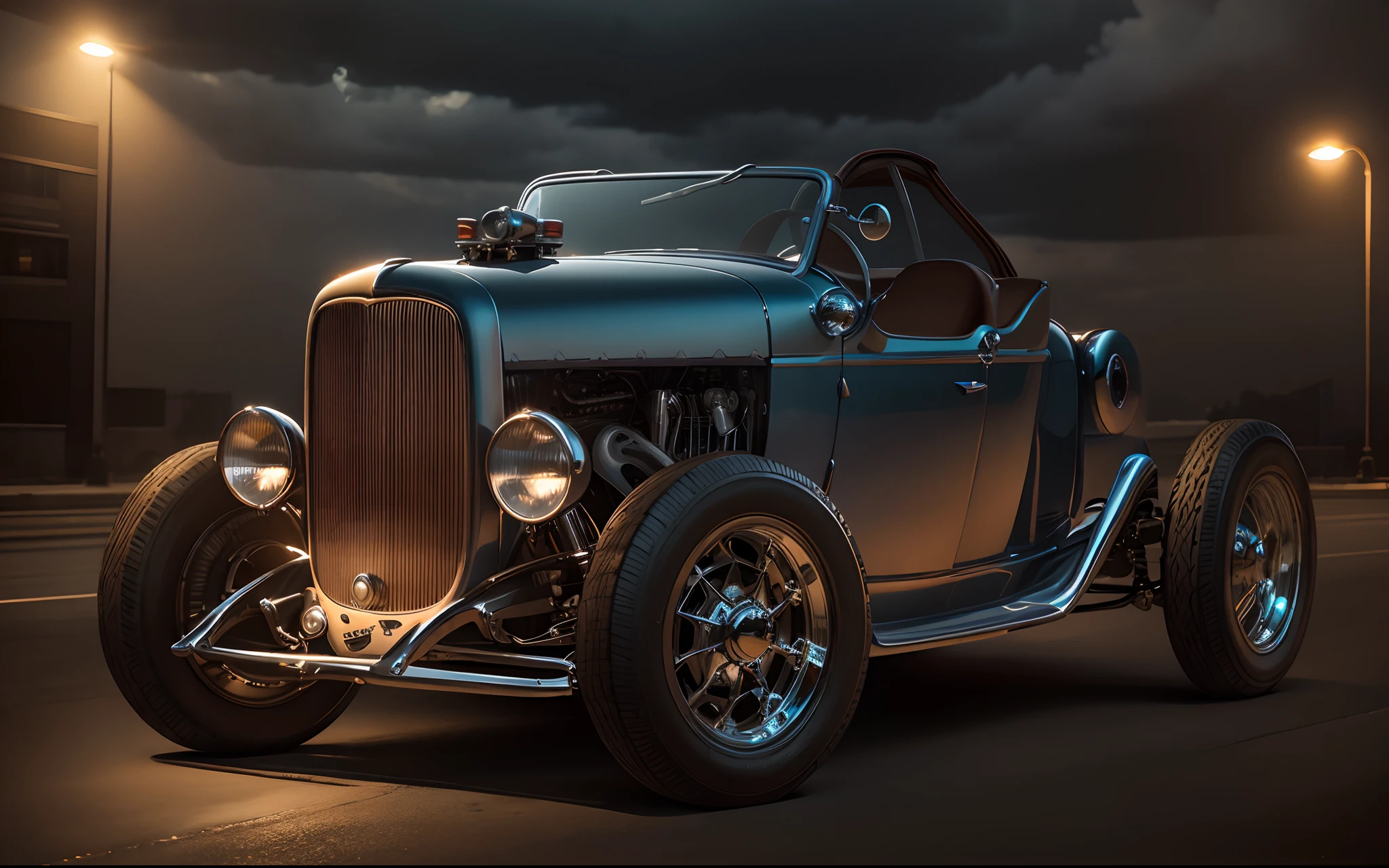 a 1932 Ford Hot Rod with the headlights on with custom wheels. Editorial photo shoot in the city center on a cloudy and humid night. Cinematic lighting.