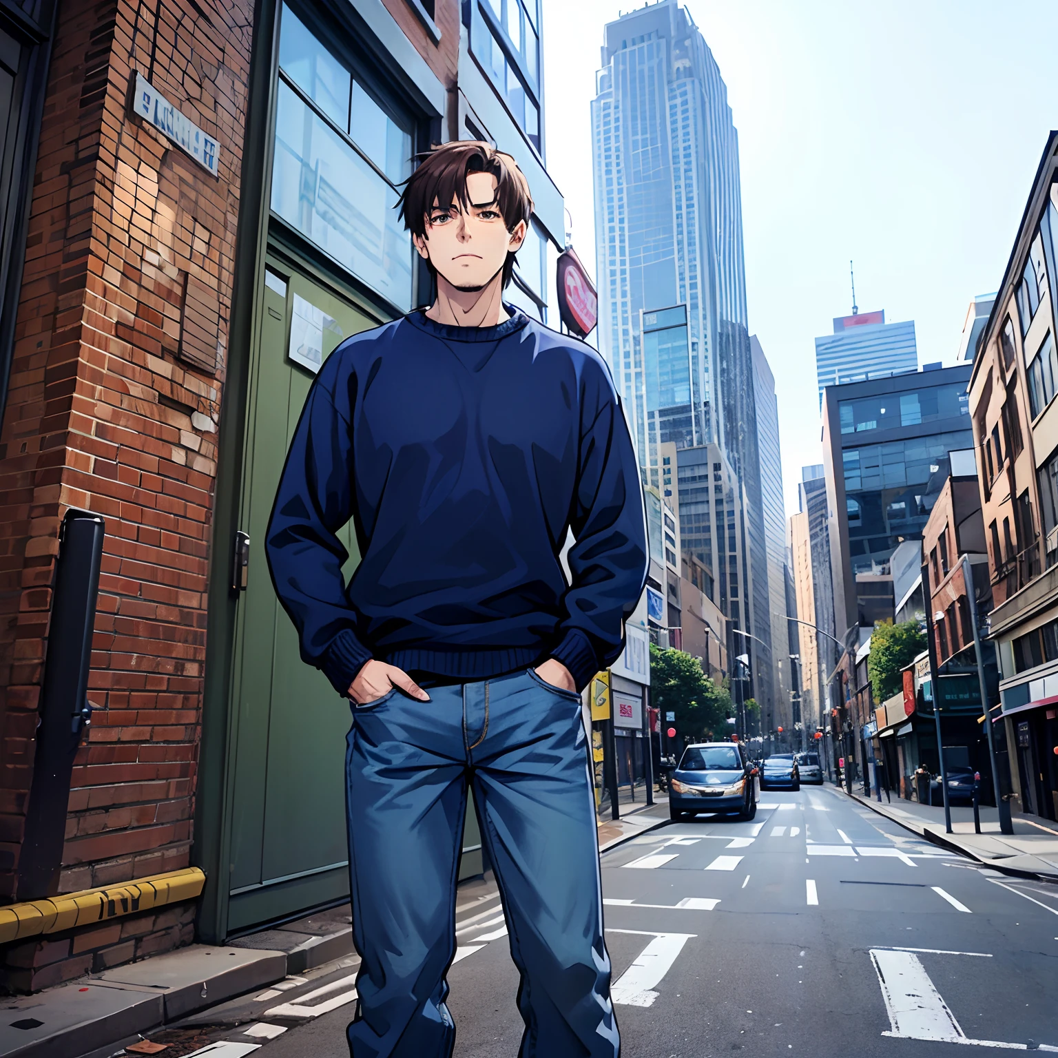 Itadori Yuji, Yuji, Itadori, Yuji Itadori, messy brown hair, brown eyes, wearing a blue sweater and dark blue worn down jeans, poor looking, hands in pockets, standing in a decrepit city, tall, kinda muscular, one man, one male, alone, blue sweater, dark blue wore down jeans