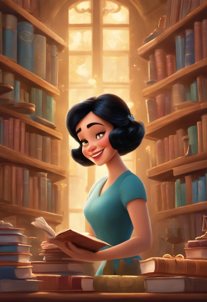 A collector of ideas inspired by Pixar animation, up close. She is surrounded by a collection of magical books, each containing a unique idea. The focus is on the character, a beautiful, smiling woman, short black hair, with a captivating facial expression, against a backdrop of shimmering, effervescent colors.