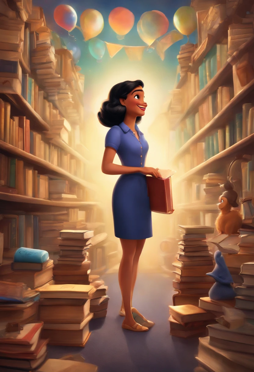 A collector of ideas inspired by Pixar animation, up close. She is surrounded by a collection of magical books, each containing a unique idea. The focus is on the character, a beautiful, smiling woman, short black hair, with a captivating facial expression, against a backdrop of shimmering, effervescent colors.