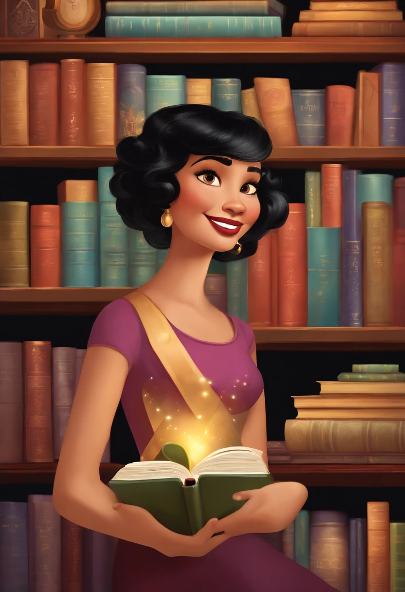 A collector of ideas inspired by Pixar animation, up close. She is surrounded by a collection of magical books, each containing a unique idea. The focus is on the character, a beautiful, smiling woman, short black hair, with a captivating facial expression, against a backdrop of shimmering, effervescent colors.