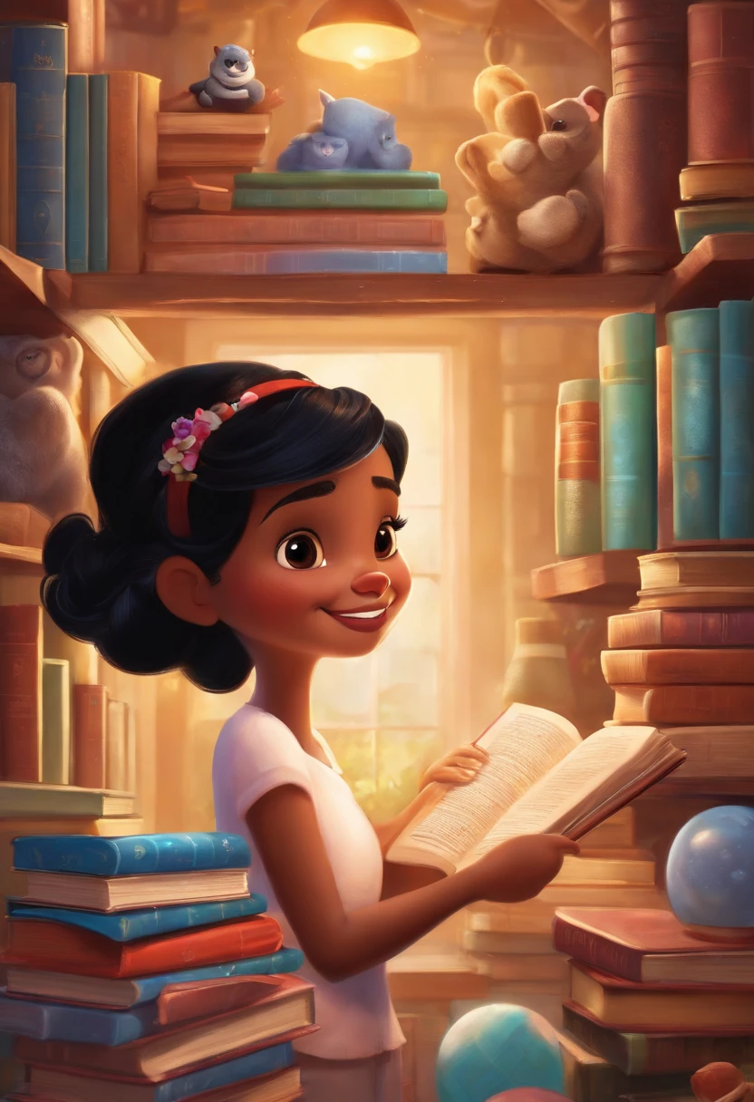 A collector of ideas inspired by Pixar animation, up close. She is surrounded by a collection of magical books, each containing a unique idea. The focus is on the character, a beautiful, smiling woman, short black hair, with a captivating facial expression, against a backdrop of shimmering, effervescent colors.