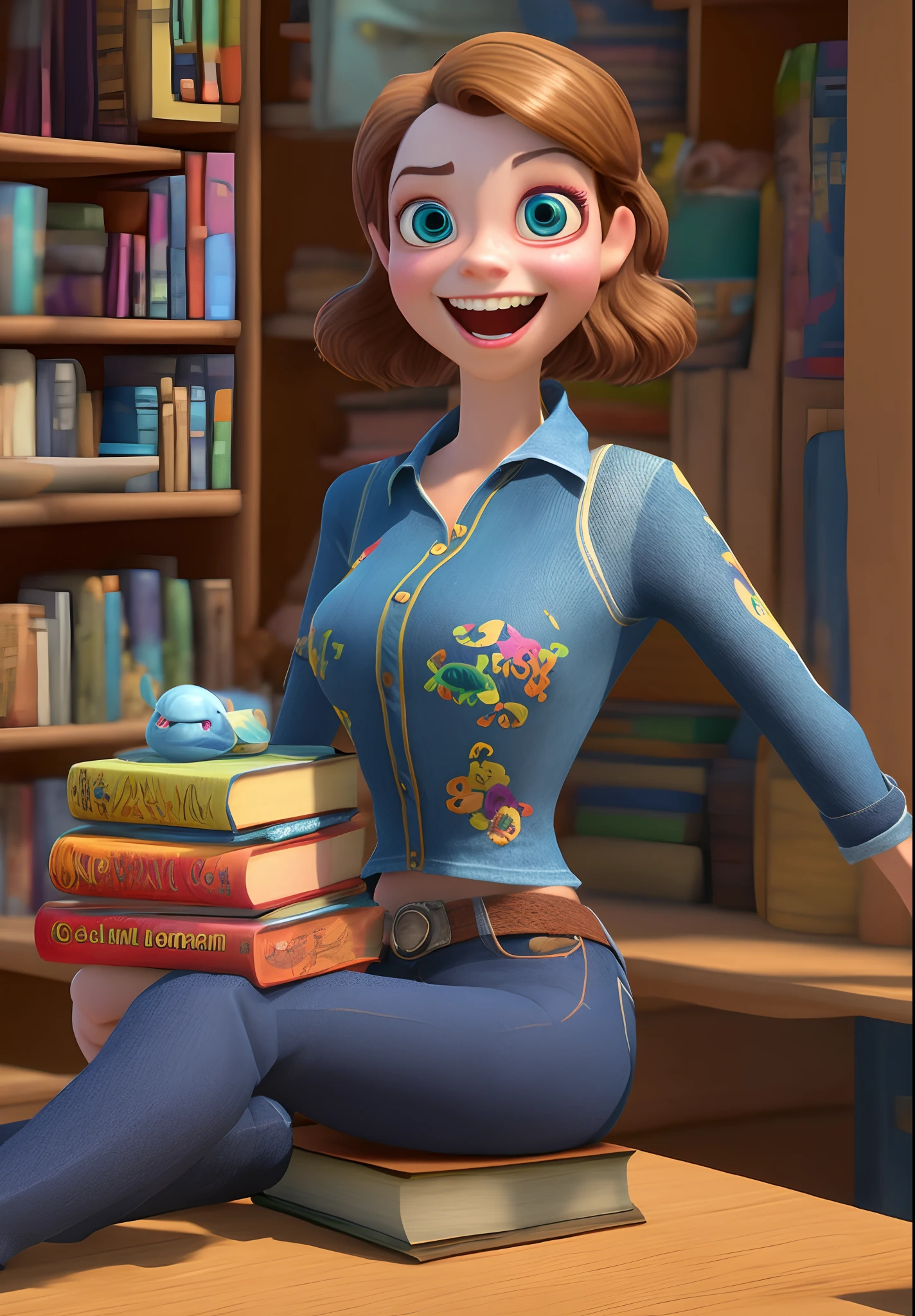 Uma personagem 3D em 4K Disney Pixar.
Uma mulher bonita, cabelo curtinho e preto, olhos escuros, pele morena clara, sorridente, ama livros e borboletas. Jeans e blusa bege