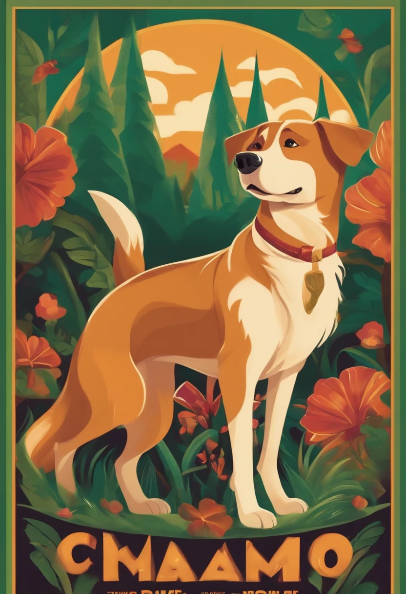 Disney Pixar-inspired poster with caramel dog, cara caindo com camisa verde Em cima da cama