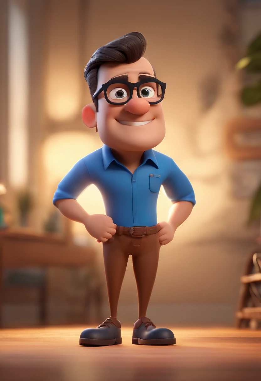 Cartoon character of a man wearing black glasses and a blue shirt, um personagem animado, Caractere estilizado, animation style rendering, 3D estilizado, Arnold Maya render, 3 d render stylized, toon render keyshot, Personagem 3D, Personagem 3D, 3d rendering stylized, 3 d character render, personagem de desenho animado, Personagem de close up, Pose de personagem, (Estilo Pixar) (master part:1.2) (Bokeh) (best quality) (pele detalhada) (textura detalhada) (8k) (argila) (Cinematic lighting) (foco nítido,Senta e vaza a parte superior do corpo