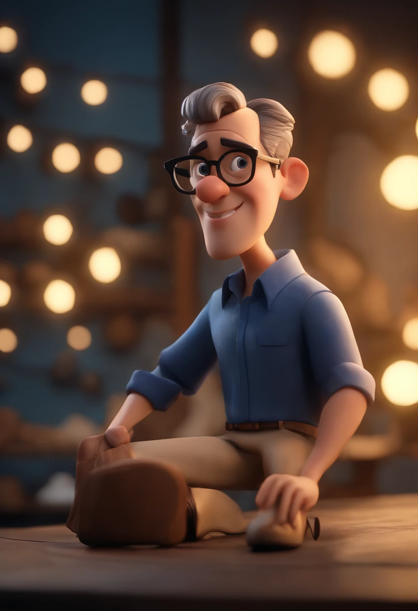 Cartoon character of a man wearing black glasses and a blue shirt, um personagem animado, Caractere estilizado, animation style rendering, 3D estilizado, Arnold Maya render, 3 d render stylized, toon render keyshot, Personagem 3D, Personagem 3D, 3d rendering stylized, 3 d character render, personagem de desenho animado, Personagem de close up, Pose de personagem, (Estilo Pixar) (master part:1.2) (Bokeh) (best quality) (pele detalhada) (textura detalhada) (8k) (argila) (Cinematic lighting) (foco nítido,Senta e vaza a parte superior do corpo