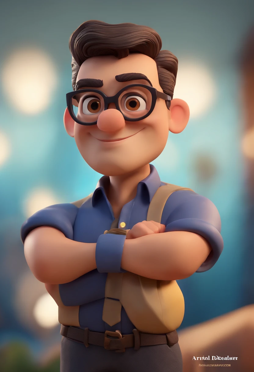 Cartoon character of a man wearing black glasses and a blue shirt, um personagem animado, Caractere estilizado, animation style rendering, 3D estilizado, Arnold Maya render, 3 d render stylized, toon render keyshot, Personagem 3D, Personagem 3D, 3d rendering stylized, 3 d character render, personagem de desenho animado, Personagem de close up, Pose de personagem, (Estilo Pixar) (master part:1.2) (Bokeh) (best quality) (pele detalhada) (textura detalhada) (8k) (argila) (Cinematic lighting) (foco nítido,Senta e vaza a parte superior do corpo
