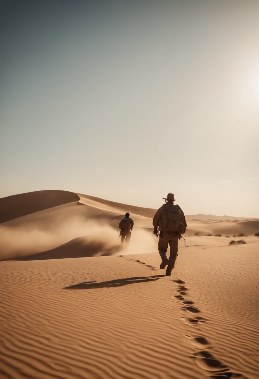 crie um homem correndo no deserto de um escorpiao azul gigante
