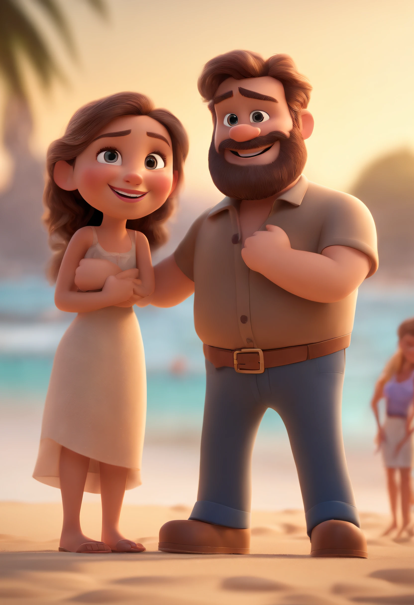 Cartoon man with brown hair and brown beard in front of a crowd, 3D animated film, animation film, Pixar 3D-Animationsstil, pixar renderman rendering, Maia 8 Mil, animation film, Disney Pixar Estilo 3D, With a smile on my face and standing on the beach, Em outra foto, The same guy hugs his girlfriend with his blond hair up