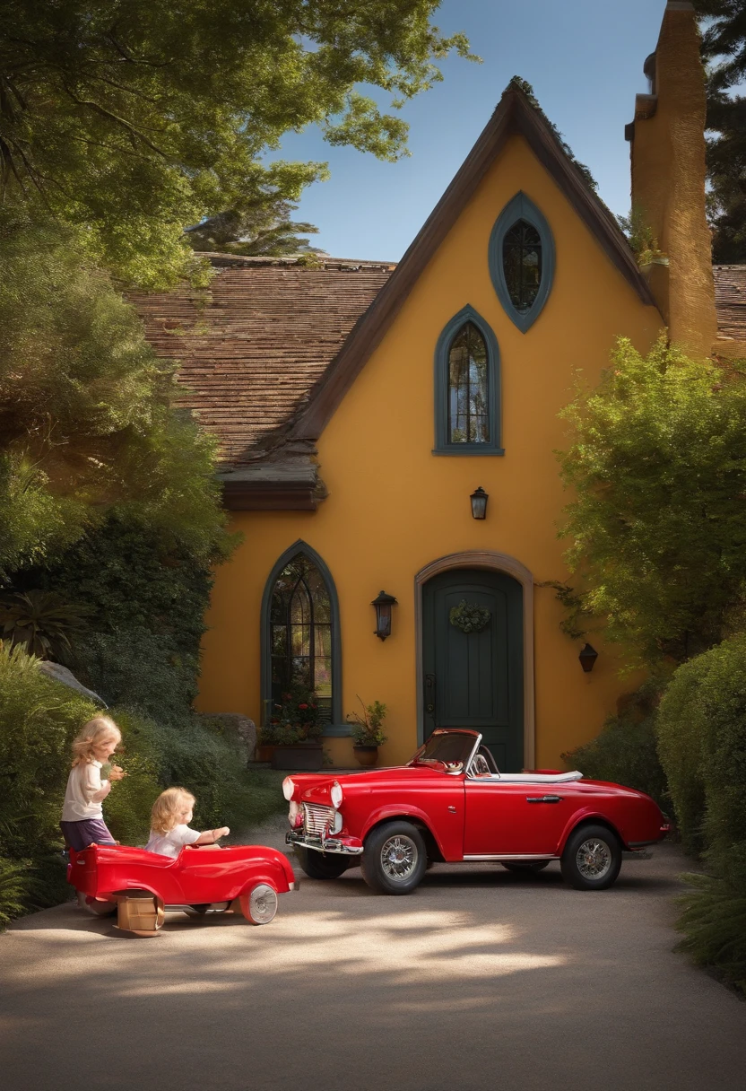 beautiful house,  playing, car in the garage