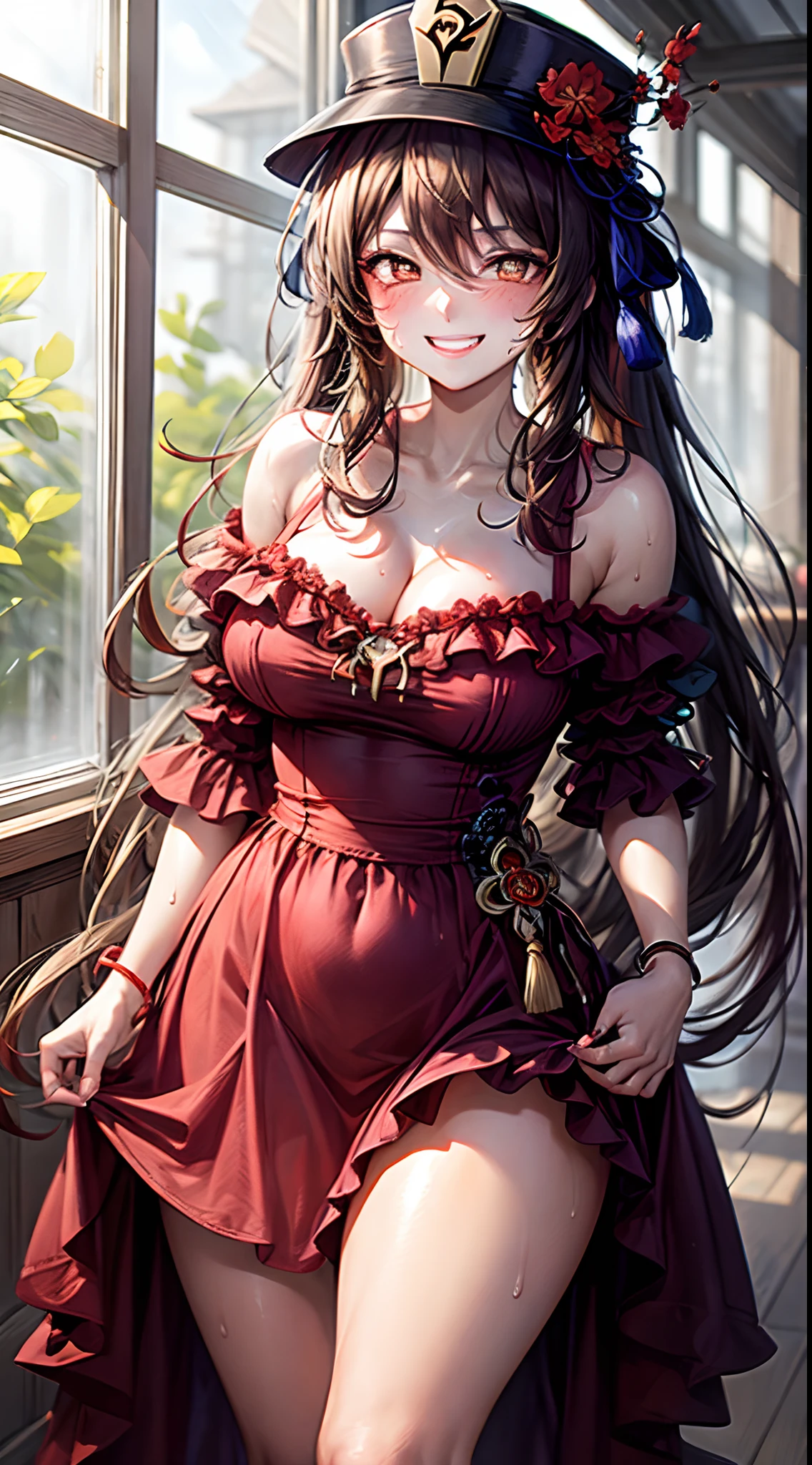 1girl, hu tao (genshin impact), hat, flower on hat ,brown hair, twintails, smile, dress, long hair, ahoge, looking at viewer, bare shoulders, lusty smirk, red eyes, flower-shaped pupils, blush, bangs, large breasts, curvy body, thick thighs, collarbone, solo, nail polish, cleavage, wrist ribbon, very long hair, teeth. sweat on body