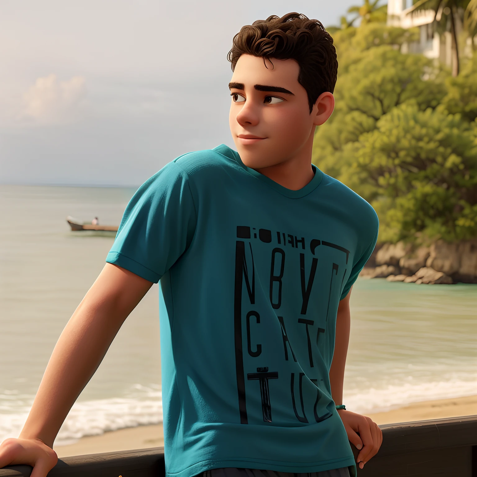 There's a 17-year-old standing on a railing by the beach, caio santos, Retrato no meio da foto, with teal clothes
