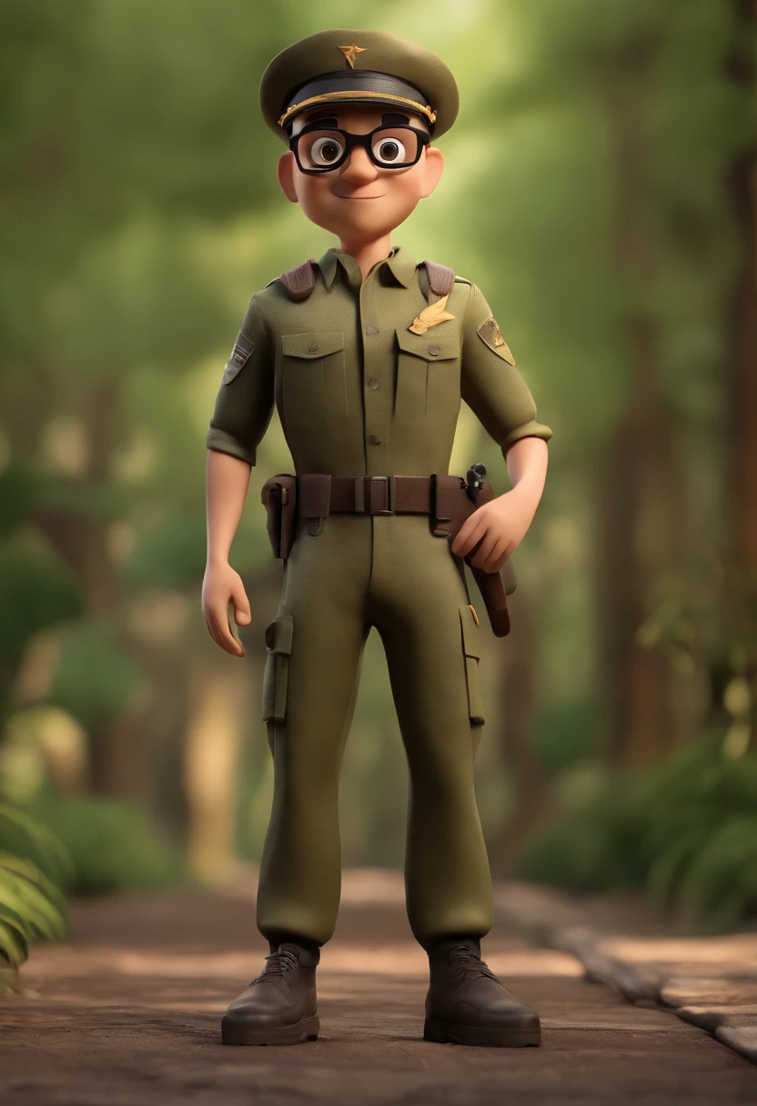Anime character of a man with black glasses army camouflage cap, personagem magro, camouflage army t-shirt,homem de cavanhaque,Caractere estilizado, animation style rendering, 3D estilizado, Arnold Maya render, 3 d render stylized, toon render keyshot, Personagem 3D, Personagem 3D, 3d rendering stylized, 3 d character render, personagem de desenho animado, Personagem de close up, Pose de personagem, (Estilo Pixar) (master part:1.2) (Bokeh) (best quality) (pele detalhada) (textura detalhada) (8k) (argila) (Cinematic lighting) (foco nítido