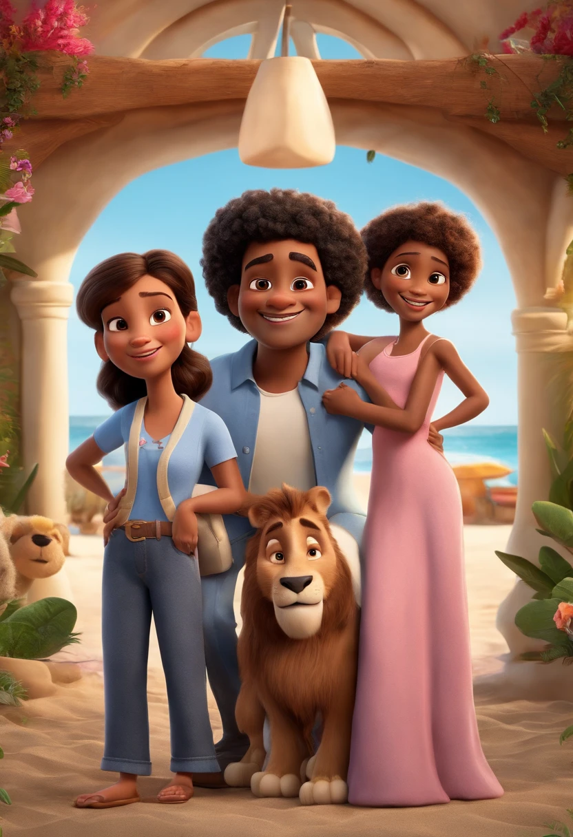 a Disney Pixar movie poster showing a light brown skinned family. The father is the tallest, He has a short beard only on his chin, cabelos curtos e espinhosos preto. The mother has black eyes and hair, shoulder-length and is slightly overweight. A menina tem 11 anos e cabelos pretos, roupa rosa e rabos de cavalo. The background is a beach garden. 3D-rendering