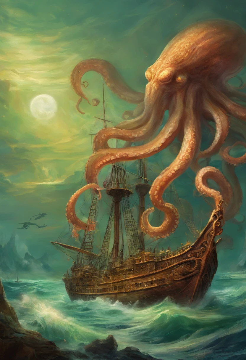 Octopus attacking a ship in the ocean with a boat in the background, A cover of Lovecraft's album, Shutterstock, surrealismo, Calamar Cthulhu, tentacled creature mix, cthulhu rising from the ocean, foto: Cthulhu, leviathan cthulhu squid, CTHULU, Criatura marina lovecraftiana, Polvo gigante, grieta, cephalopod, Mitos de Cthulhu, Tentacle monster