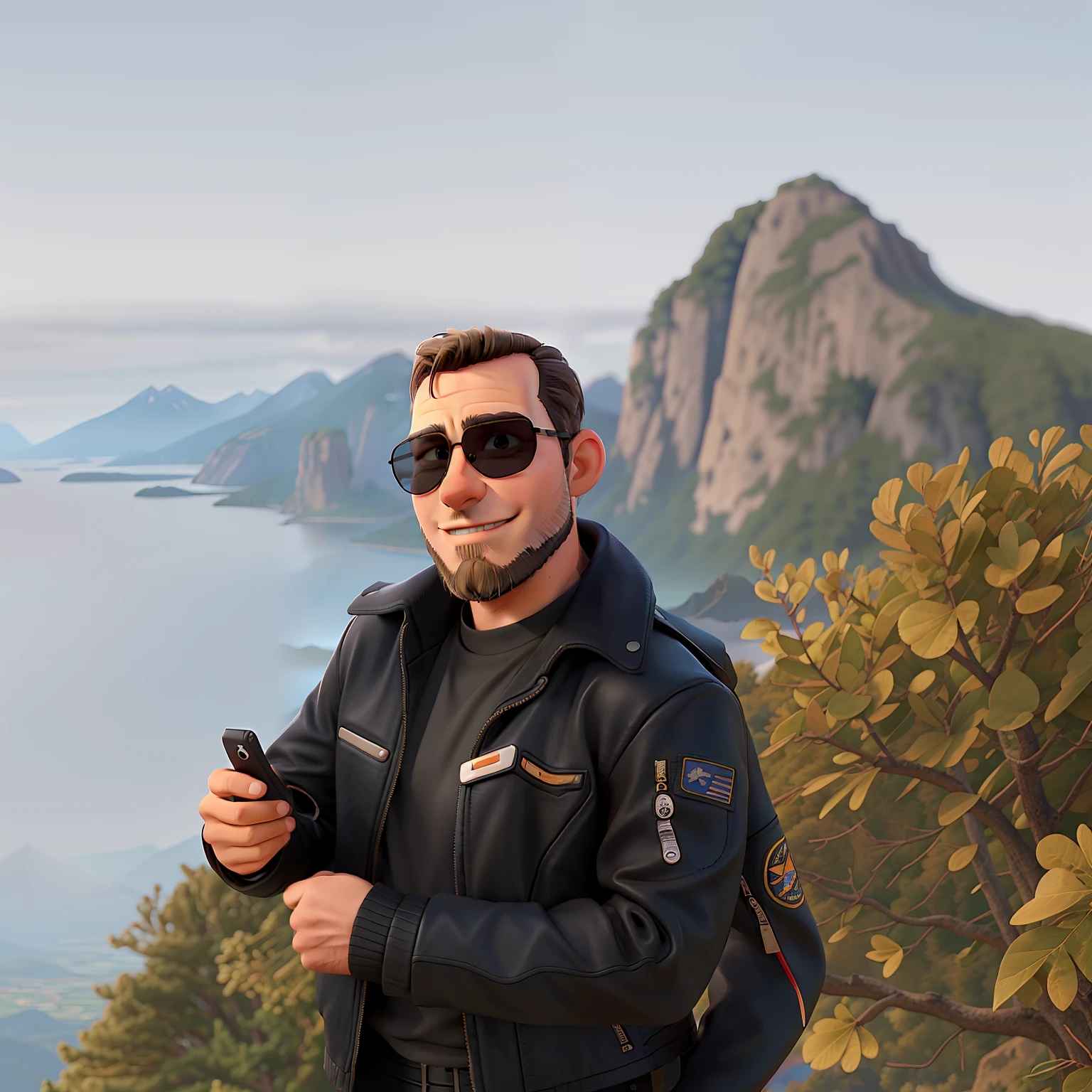 adventurous man, balding and thinly beard, with black leather jacket and aviator style glasses, looking like Tom Cruise in Top Gun Maverick, with mountains as background
