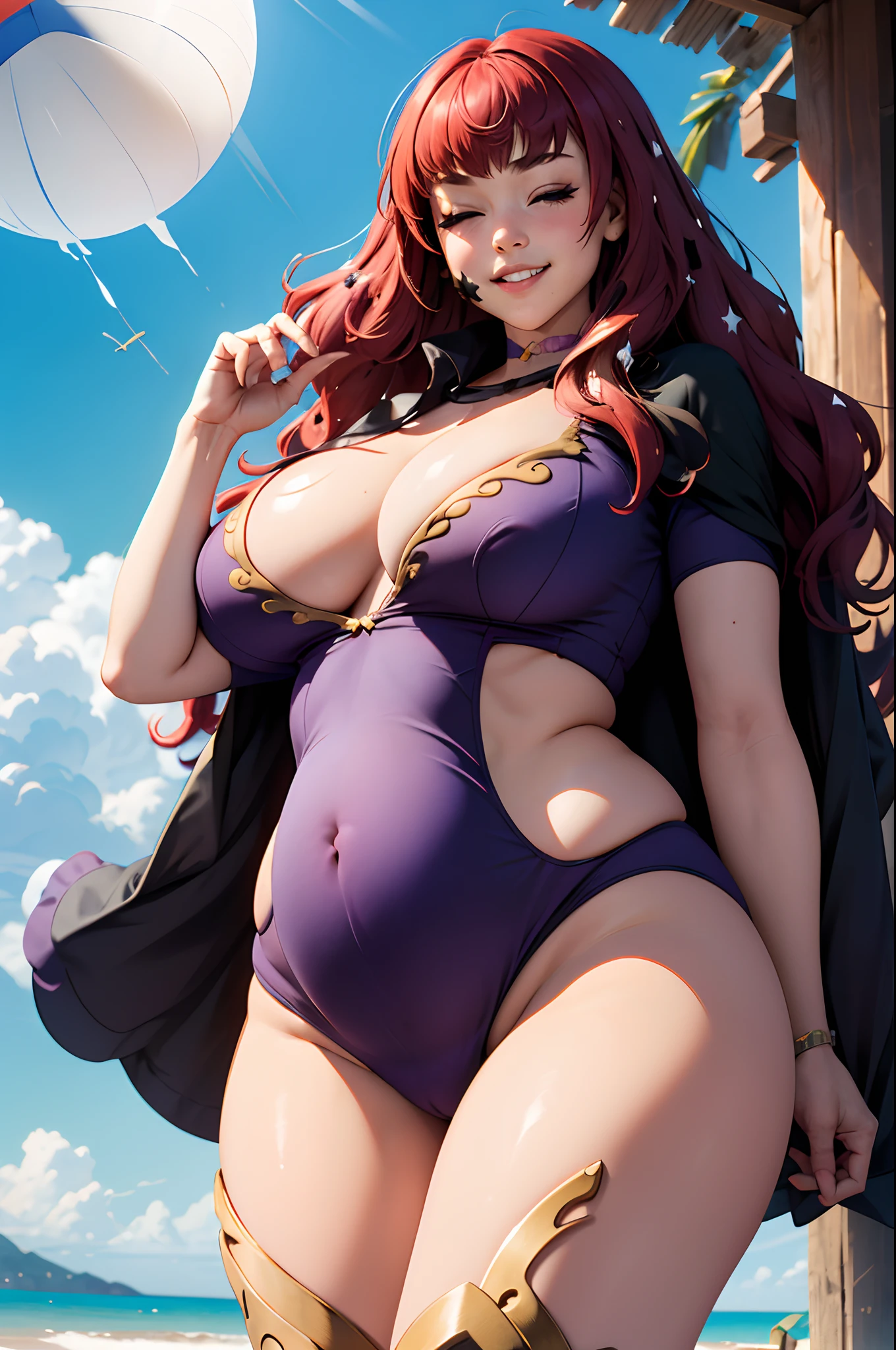 (masterpiece, best quality:1.2), cowboy shot, solo, 1girl, yunaka, grin, looking at viewer, hand on hip, star hair ornament, one eye closed, bodysuit, cape, belt, choker, cleavage,wide_hips, fat, pregnant,(thicc:0.5), (WeightImmobile:1.3), (obese:1.2) (round face:1.3), huge belly, wide hips, from below, discoelysium, legs spread, muffin top, pudgy, Big Baby Bump pregnant, Big boobs, Big pregnant Belly, Big Pregnant girl, Largest Belly of Pregnant, Huge Pregnancy, Huge 9 months Pregnancy Belly, huge belly expansion, huge belly girl, morbid obesity,800lbs,enormous fat belly, rolls of fat, fat thighs, Massively Bloated Abdomen, ridiculously large spherical Belly, oversized spherical stomach, ridiculously oversized pregnant belly, huge stomach