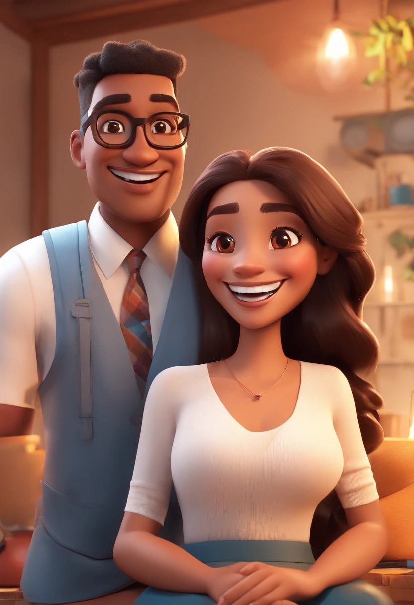 An illustration of an adorable couple, Highlight for a chubby mulatto man with glasses smiling and a brunette woman with beautiful expressive eyes - the man's skin is mulatto and the man's hair haswhile the woman's skin is black and the woman's hair is straight and brown. They are a bright room, cada um com um sorriso no rosto, e compartilhar um momento especial caracterizado pelo amor, Insights. Illustrate this scene from a perspective where they are facing the camera, Smiling and Showing Your Connection. Desenvolva esta arte em Full HD, Focus on your cinematic touch, Estilo Disney Pixar Animations