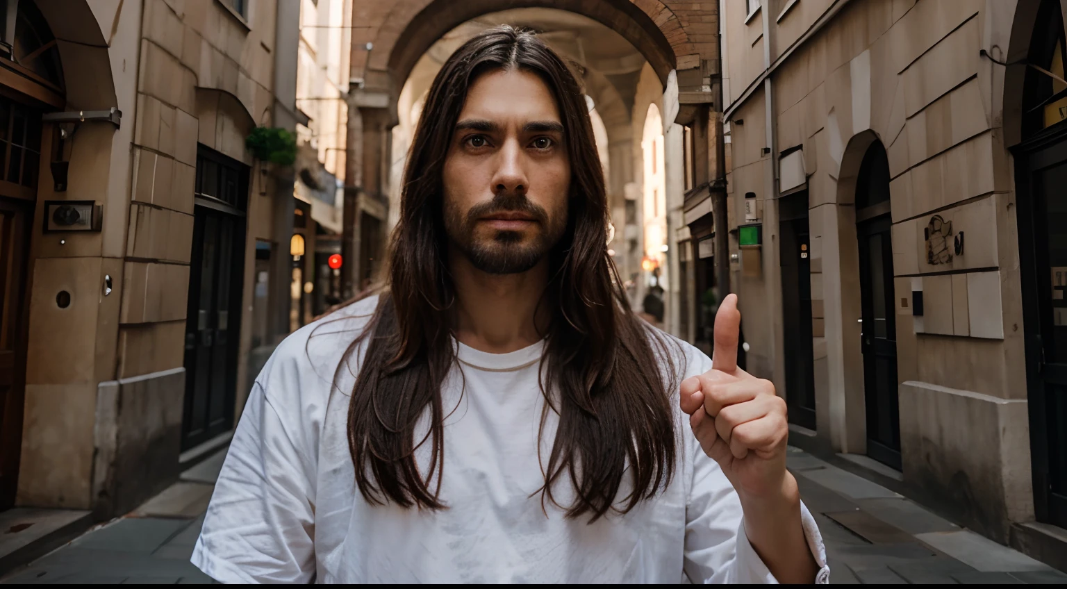Jesus with angry face pointing finger in front of camera