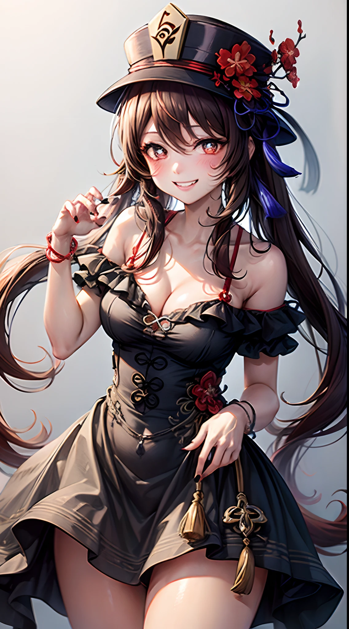 1girl, hu tao (genshin impact), hat, flower on hat,brown hair, twintails, smile, dress, long hair, ahoge, looking at viewer, bare shoulders, lusty smirk, red eyes, flower-shaped pupils, blush, bangs, medium breasts, curvy body, thick thighs, collarbone, solo, nail polish, cleavage, wrist ribbon, very long hair, teeth,