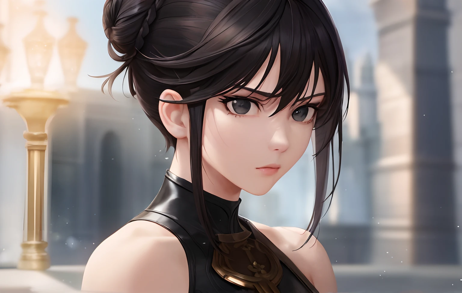((masterpiece)), highres, Muscular woman, Black hair, Black eyes, tall body, Small face, Short hair, Side buns, Fantasy outfit, Neutral Expression, Solo, Standing, best quality, detailed body, detailed face, beautiful