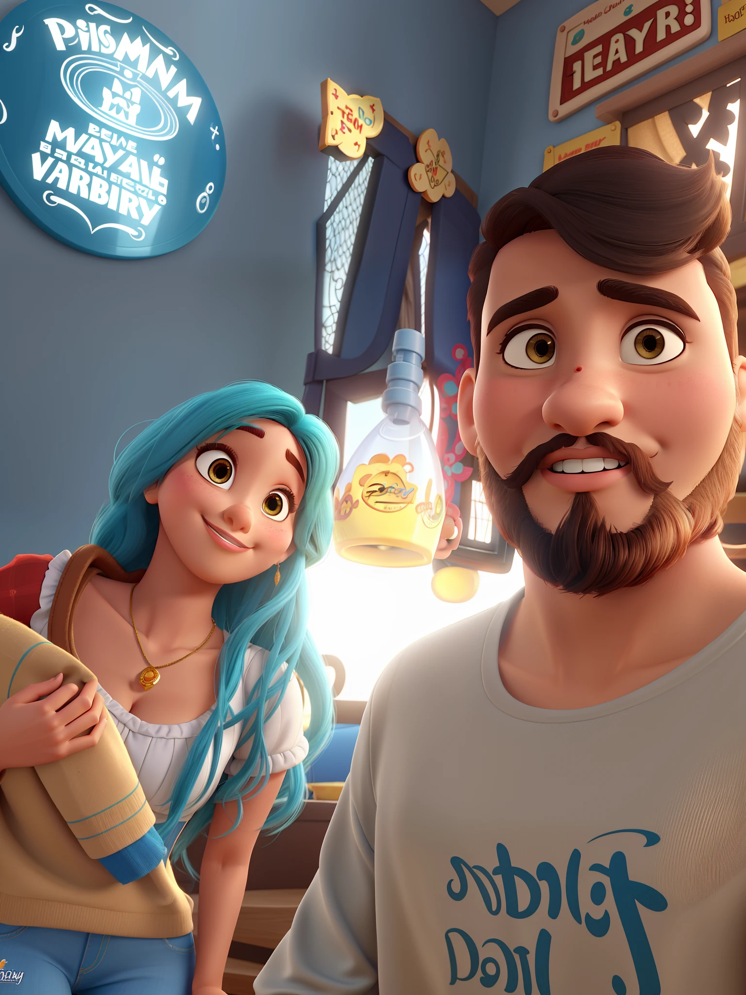 Casal estilo disney pixar melhor qualidade alta qualidade. Mulher morena de cabelos lisos sorrindo e homem com cabelo loiro lado de barba