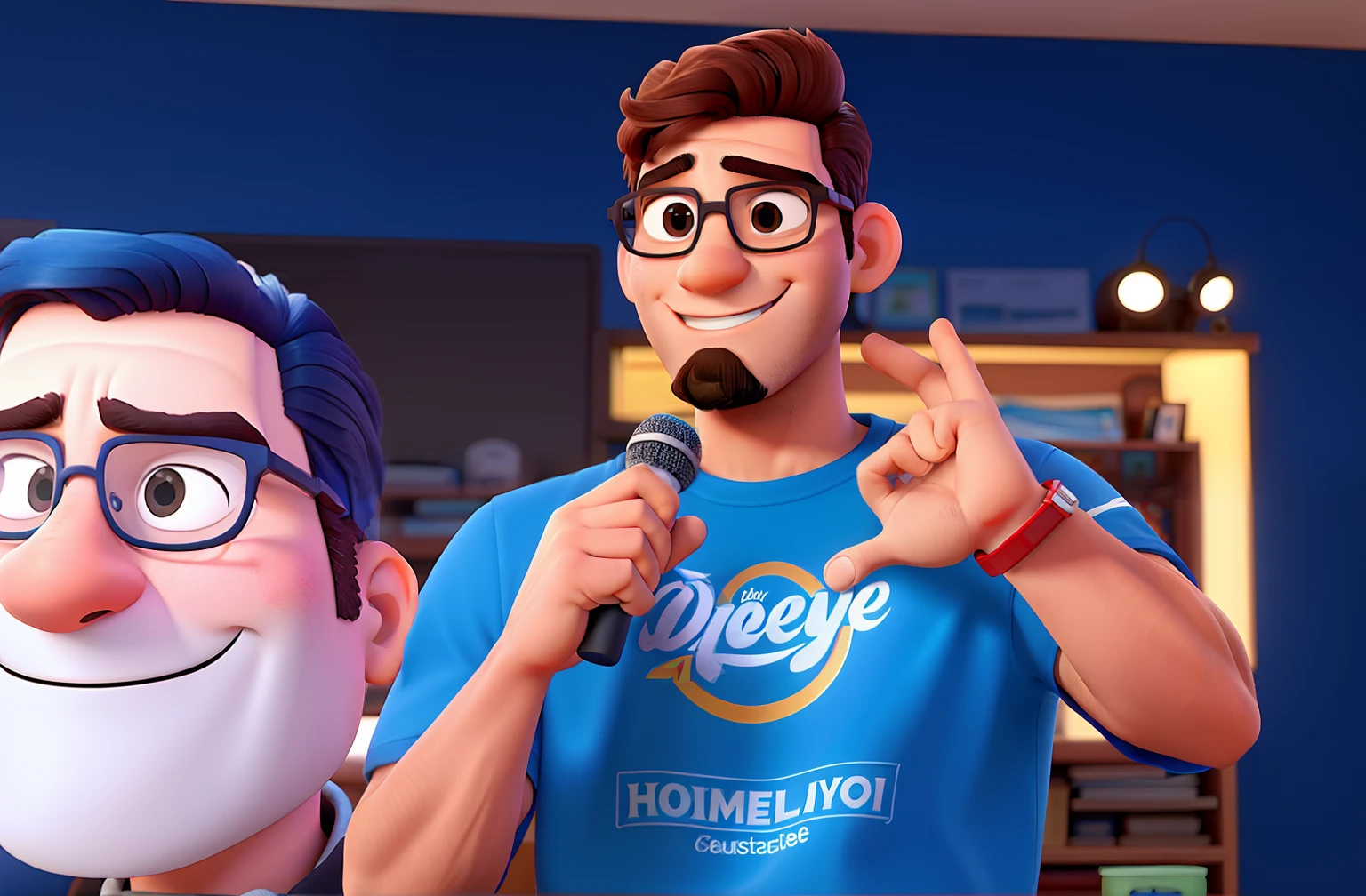 homem brasileiro moreno 20 anos, eyeglass
, microphone in hand, estilo Disney pixar ,alta qualidade,melhor qualidade