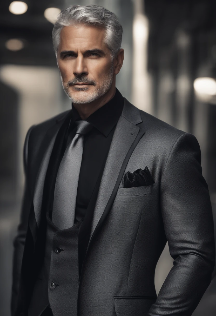 Up、Make a handsome man in his 50s in a black suit and tie, vd, grey hair and no beard, (Man in black suit and tie), ), Attractive and serious look, short grey hair, Stylish and elegant, Suit-fit shave and strong body, (hightquality, Realistic images), Dark black and light on image background, Film Style, ((top-quality, 8K, masterpiece), ultra hi definition photo, (beautiful faces detailed, detail skin texture, hyperdetailed body:1.1)