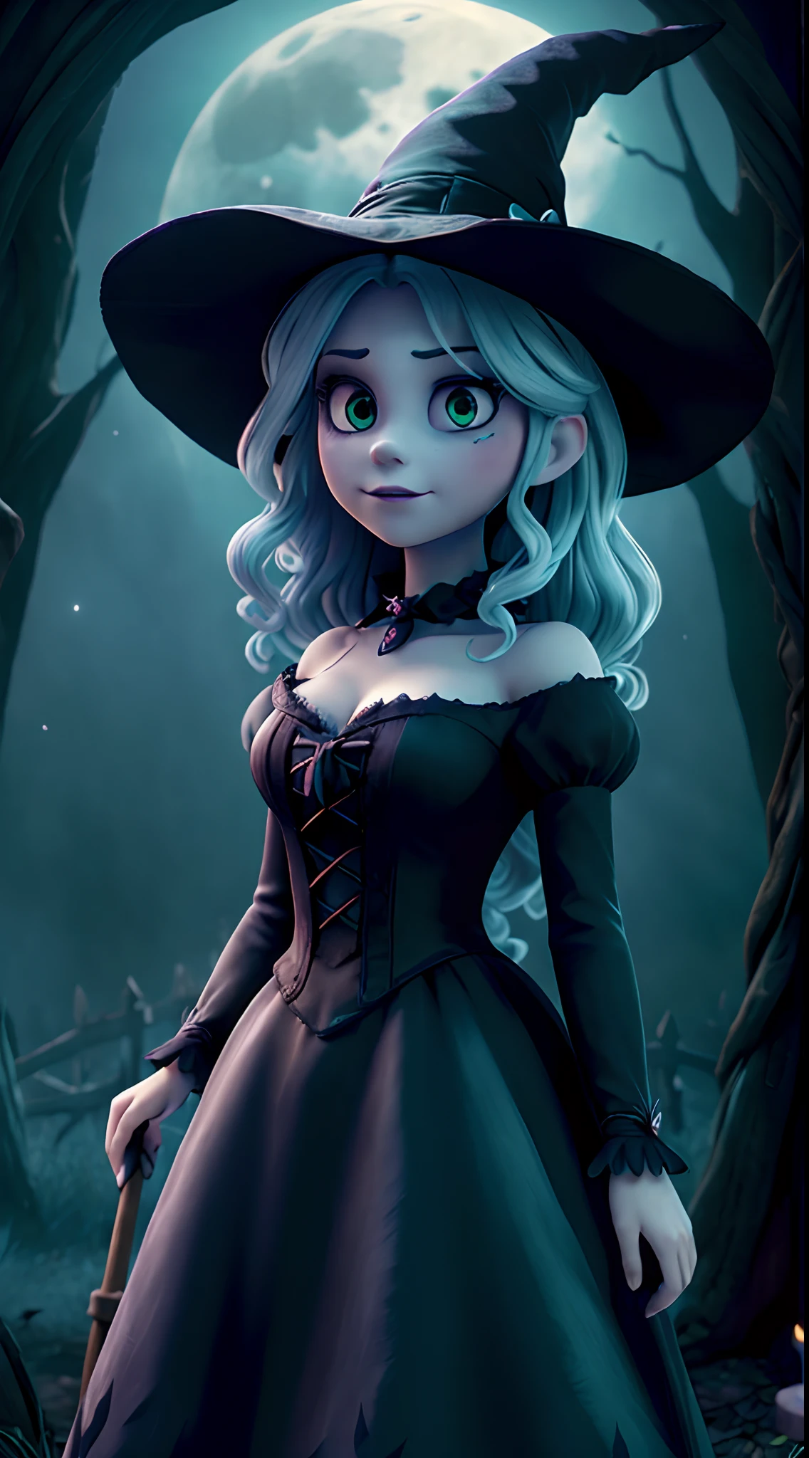 (best quality,high-res,masterpiece:1.2),Cinderella dressed as a witch,costume details,witch hat and broom,spooky Halloween vibes,dark and eerie background,creepy atmosphere,sinister lighting,gothic elements,witchcraft vibes,detailed depiction of Cinderella's face and eyes,enchanted forest setting,vivid colors,contrasting light and shadow,impressive digital illustration,nighttime scenery,breathtaking composition,ominous moonlight,[witch costume], [witch hat]