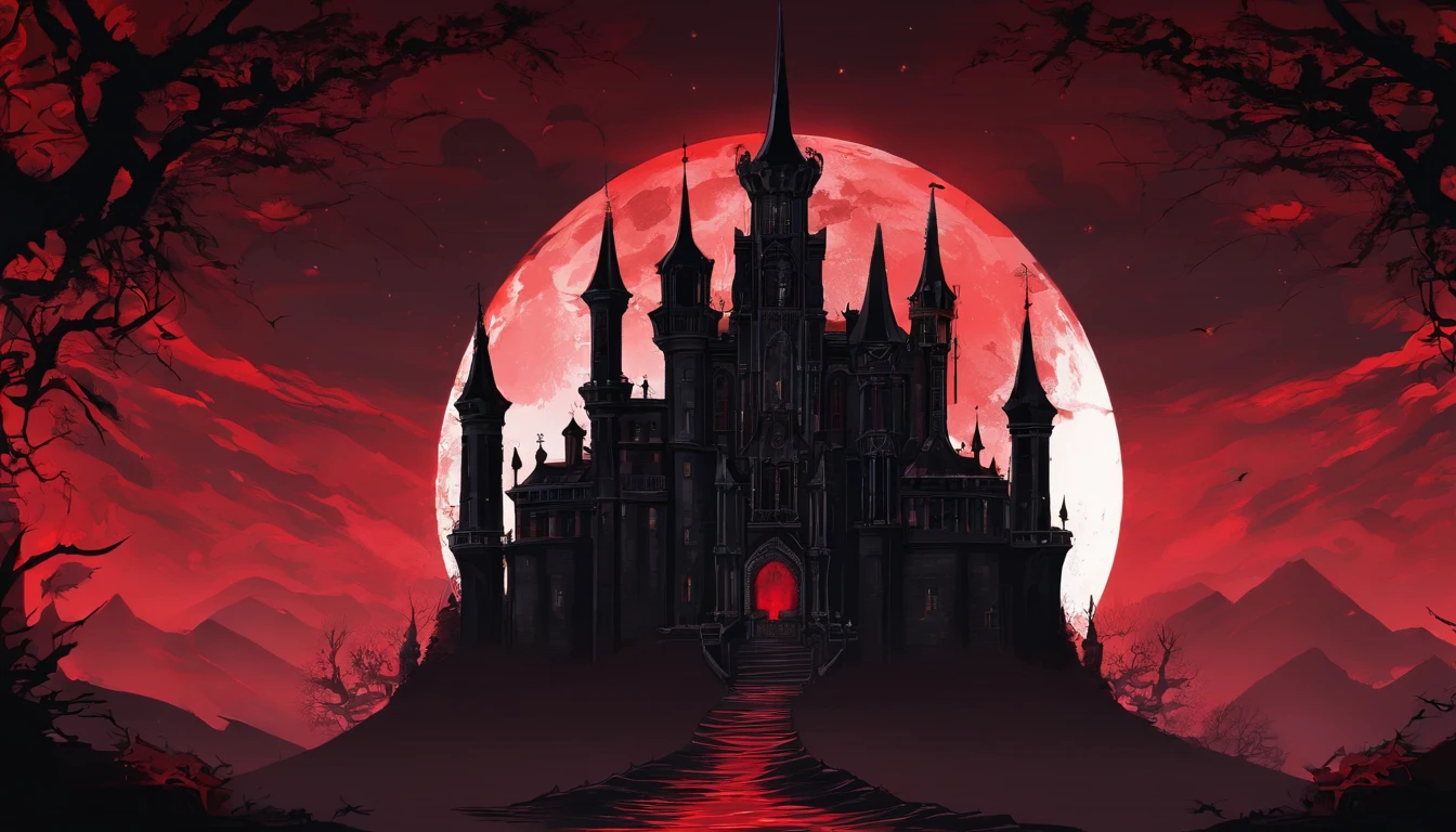 Castlevania castle With red eyes looking at viewer in the night sky, demoniac background