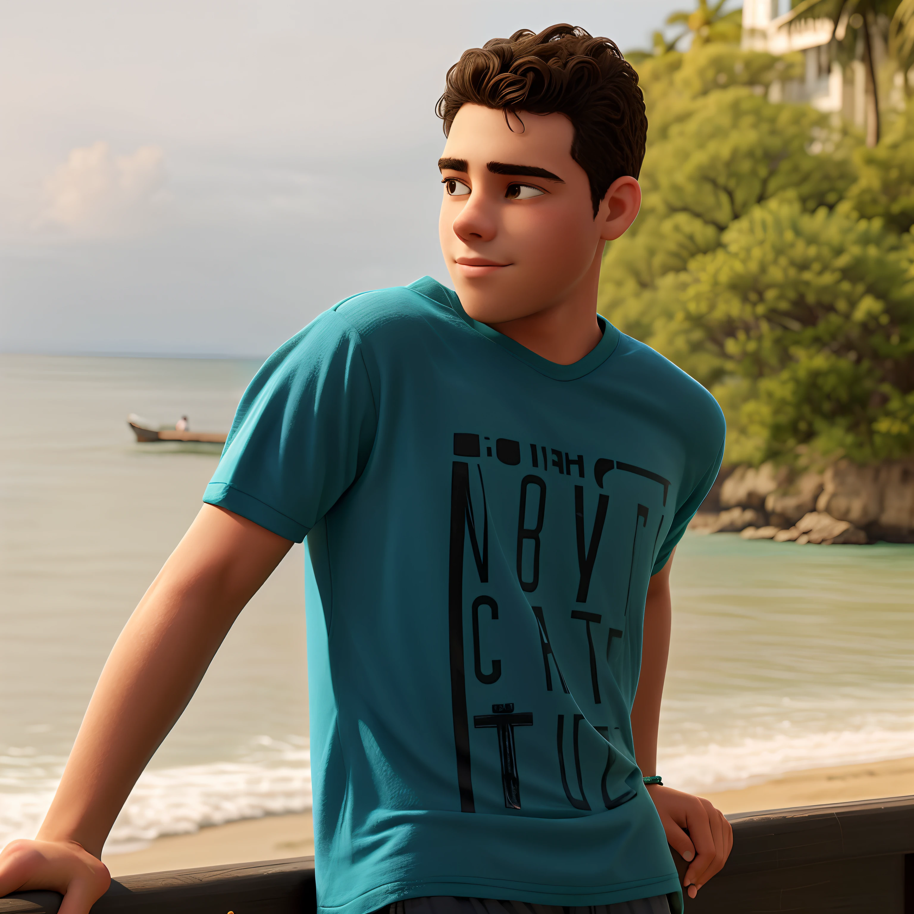 There's a -yeld sting on a railing by the beach, caio santos, Retrato no meio da foto, with teal clothes
