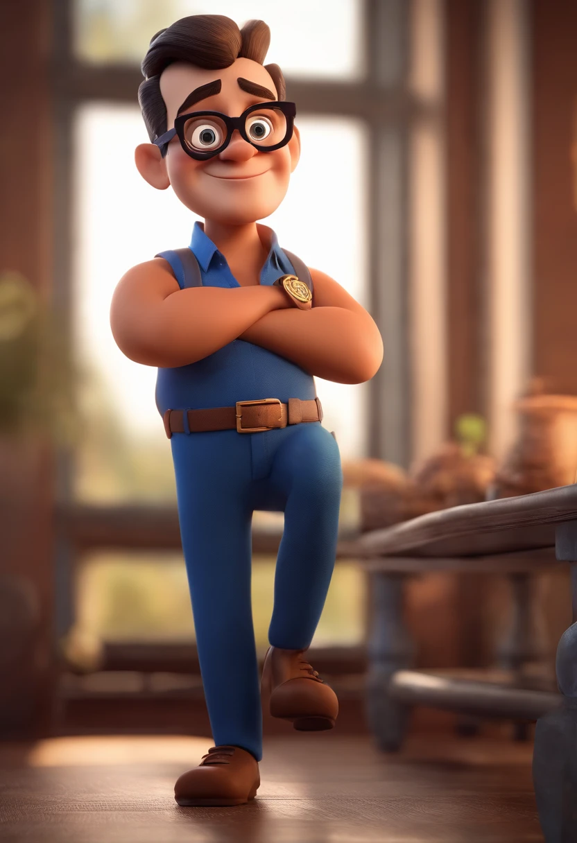 Cartoon character of a man wearing black glasses and a blue shirt, um personagem animado, Caractere estilizado, animation style rendering, 3D estilizado, Arnold Maya render, 3 d render stylized, toon render keyshot, Personagem 3D, Personagem 3D, 3d rendering stylized, 3 d character render, personagem de desenho animado, Personagem de close up, Pose de personagem, (Estilo Pixar) (master part:1.2) (Bokeh) (best quality) (pele detalhada) (textura detalhada) (8k) (argila) (Cinematic lighting) (foco nítido，Senta e vaza a parte superior do corpo