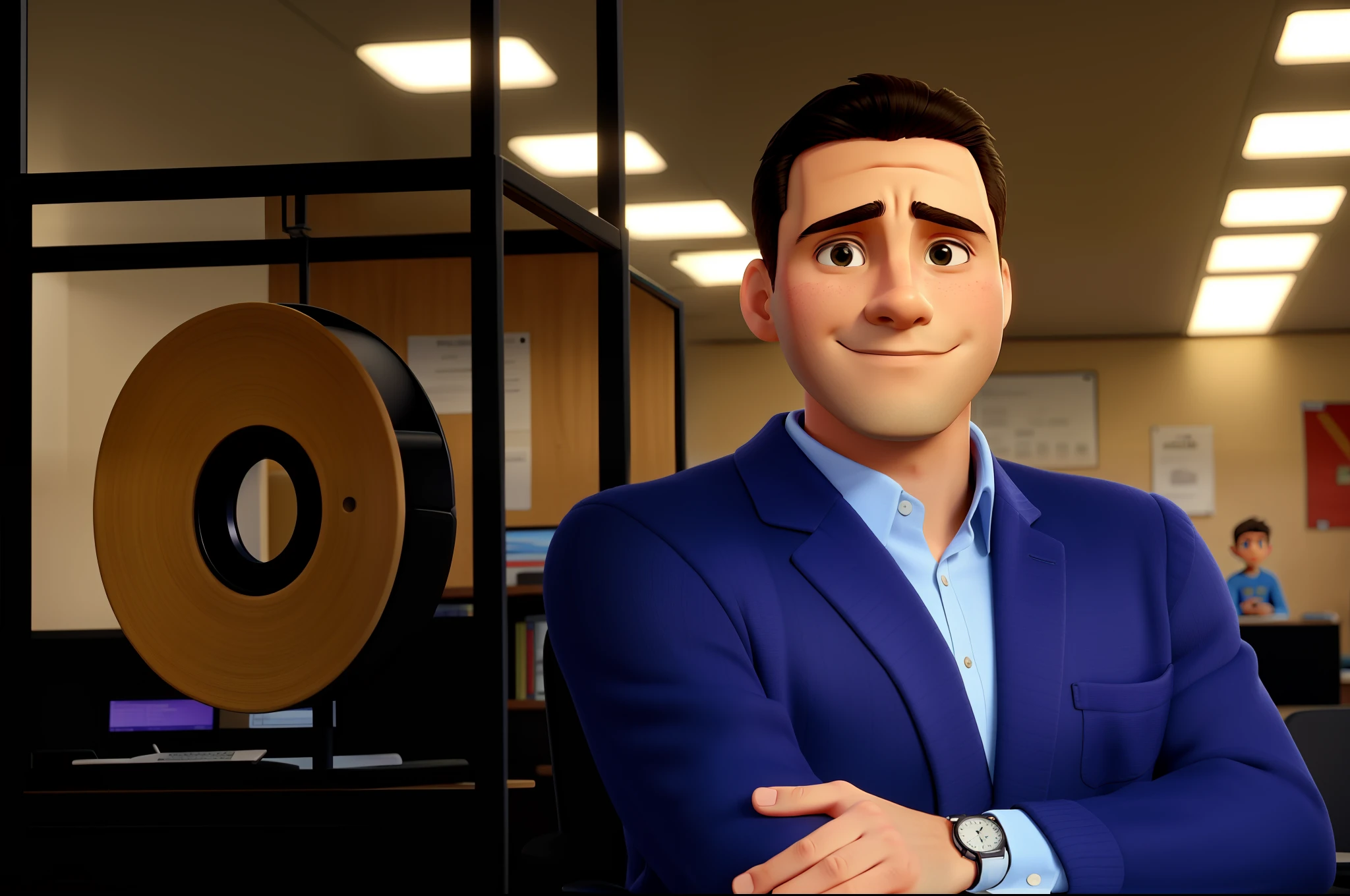 A young man in appearance, 40 anos, rosto com pele clara em com sardas pintinhas, cabelo com um corte jovem e moderno, curto e topete pra frente, com ar social e intelectual, Maravilhosamente vestido, with a blue sweater, It's in a big office shed, with multiple desks and computers in the background. He has his arms crossed and a watch on his wrist.