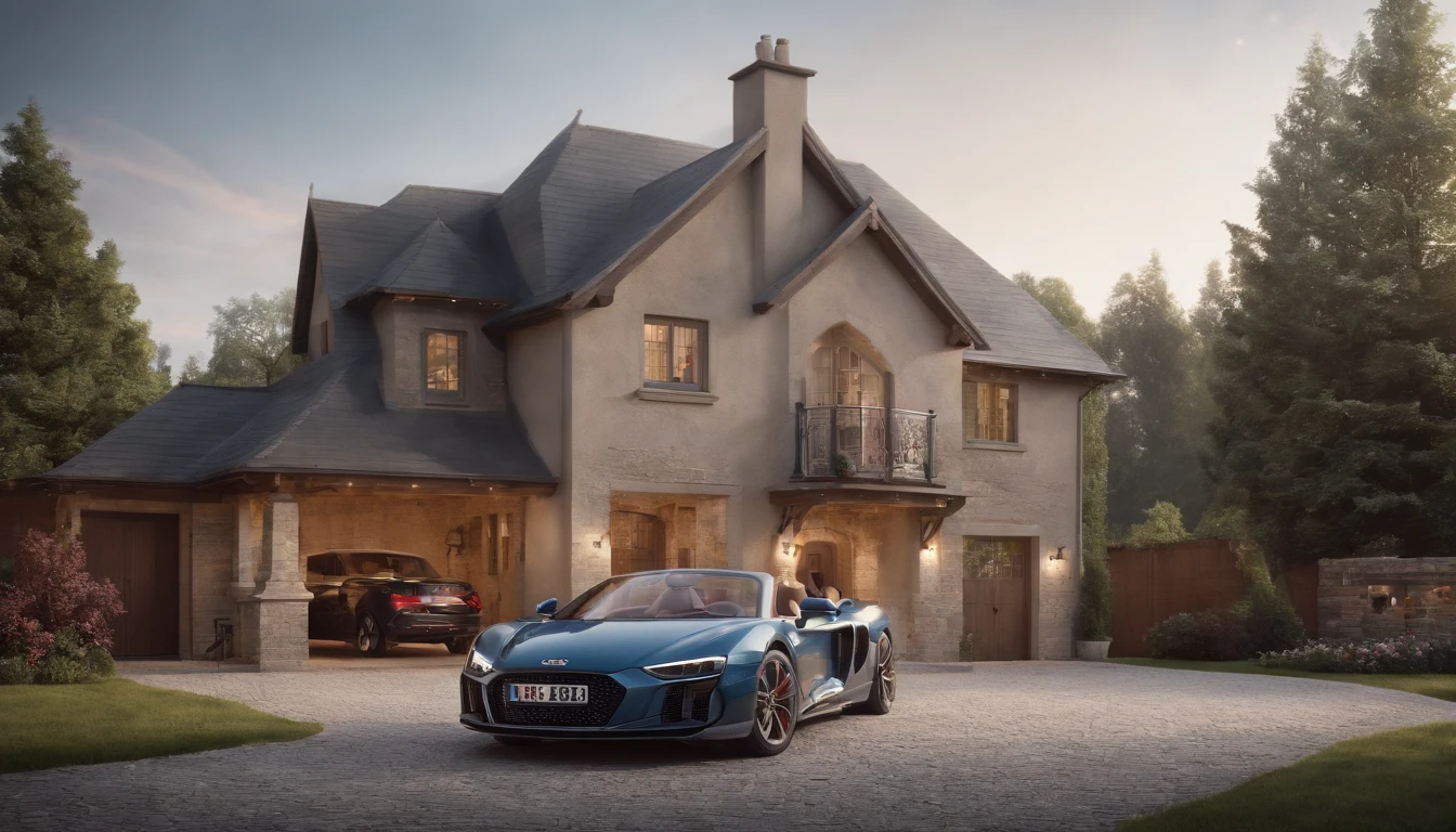 beautiful house, child playing, car in the garage