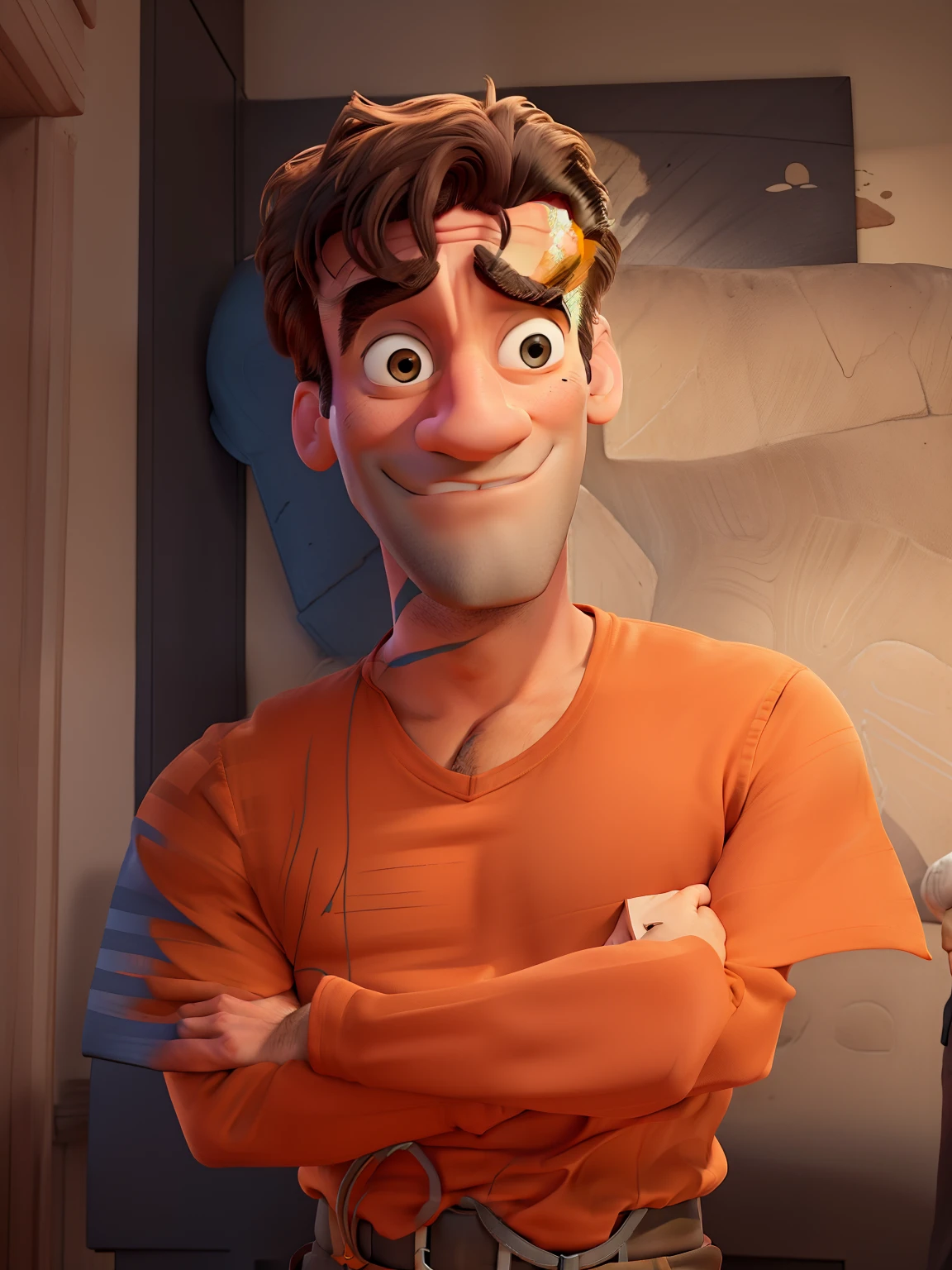 Jon Hamm, Cartoons in orange shirt and black pants, arms crossed, olhando para frente e sorrindo com os dentes aparecendo;