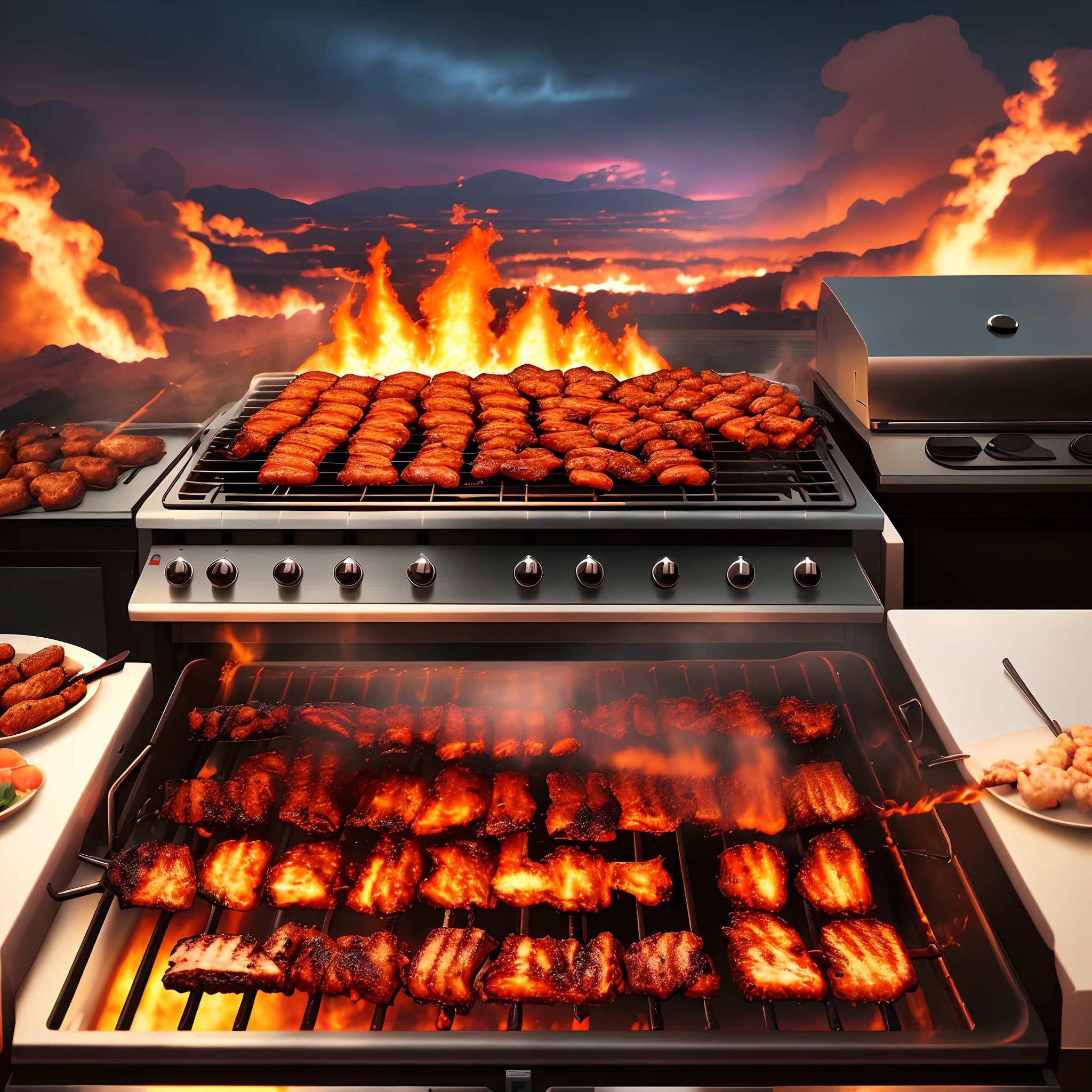 Burning clouds,blasts,The sky has the word barbecue