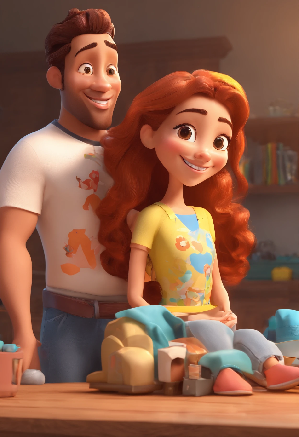 An illustration of an adorable couple, Highlight for a chubby mulatto man with glasses smiling and a brunette woman with beautiful expressive eyes - the man's skin is mulatto and the man's hair haswhile the woman's skin is black and the woman's hair is straight and brown. They are a bright room, cada um com um sorriso no rosto, e compartilhar um momento especial caracterizado pelo amor, Insights. Illustrate this scene from a perspective where they are facing the camera, Smiling and Showing Your Connection. Desenvolva esta arte em Full HD, Focus on your cinematic touch, Estilo Disney Pixar Animations