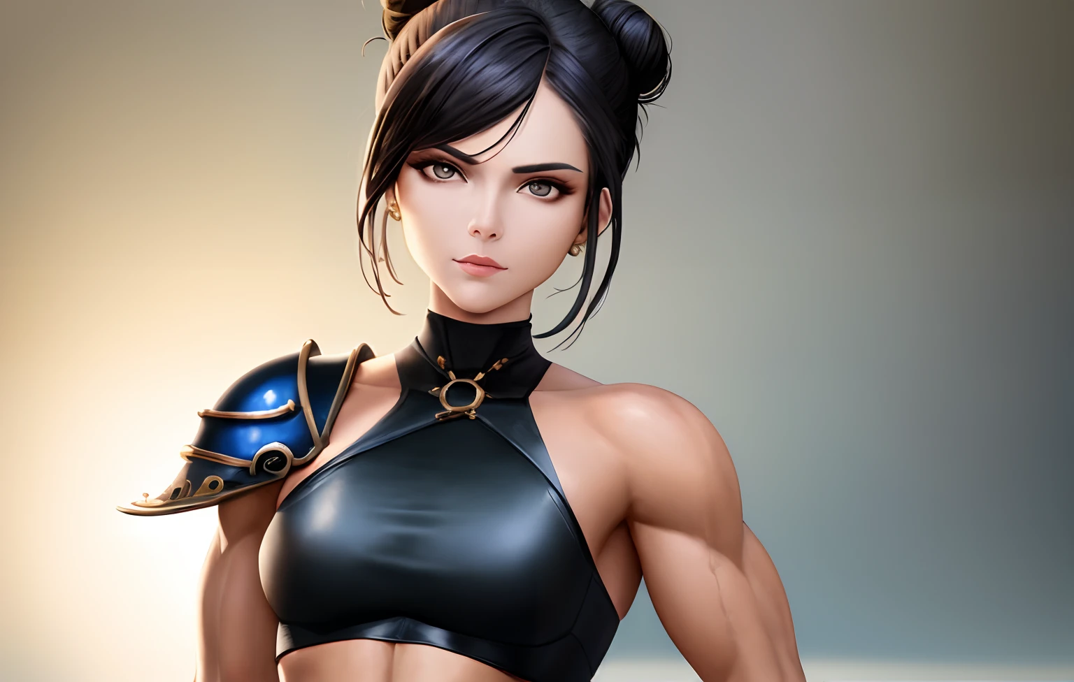 ((masterpiece)), highres, Muscular woman, Black hair, Black eyes, tall body, Small face, Short hair, Side buns, Fantasy outfit, Neutral Expression, Solo, Standing, best quality, detailed body, detailed face, beautiful