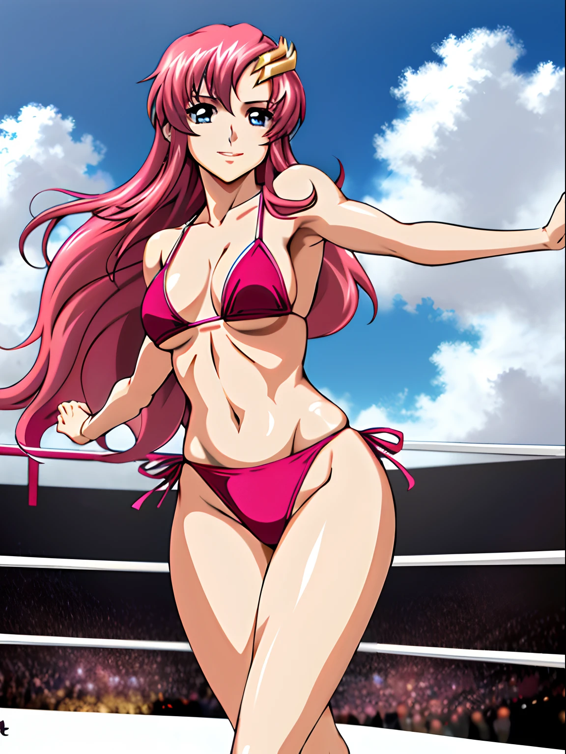 (masterpiece, far view, 4K, Best Quality, Anime style: 1.9,, Adult Woman, ultra detailed face, (cloud background, wrestling), Drawing lines, high resolution, Anime, lacus4), 1girl, Solo, curvy figure, Long hair, 鎖骨, scapular, (Detailed wide hair bangs, Hair Ornament, Detailed reddish-pink hair, golden crest), cleavage, large hands, (female wrestler). (Big blue eyes, shiny eyes), ((female wrestler, little biceps, slender body, broad shoulders, closed fists)), ((perfect proportions, medium breasts, long belly)), (((micro bikini, pink wrestling gear, champion))), happy, smile, , (belly dancing, looking at the viewer), , showing off underarm, (elegant lady), microphone,