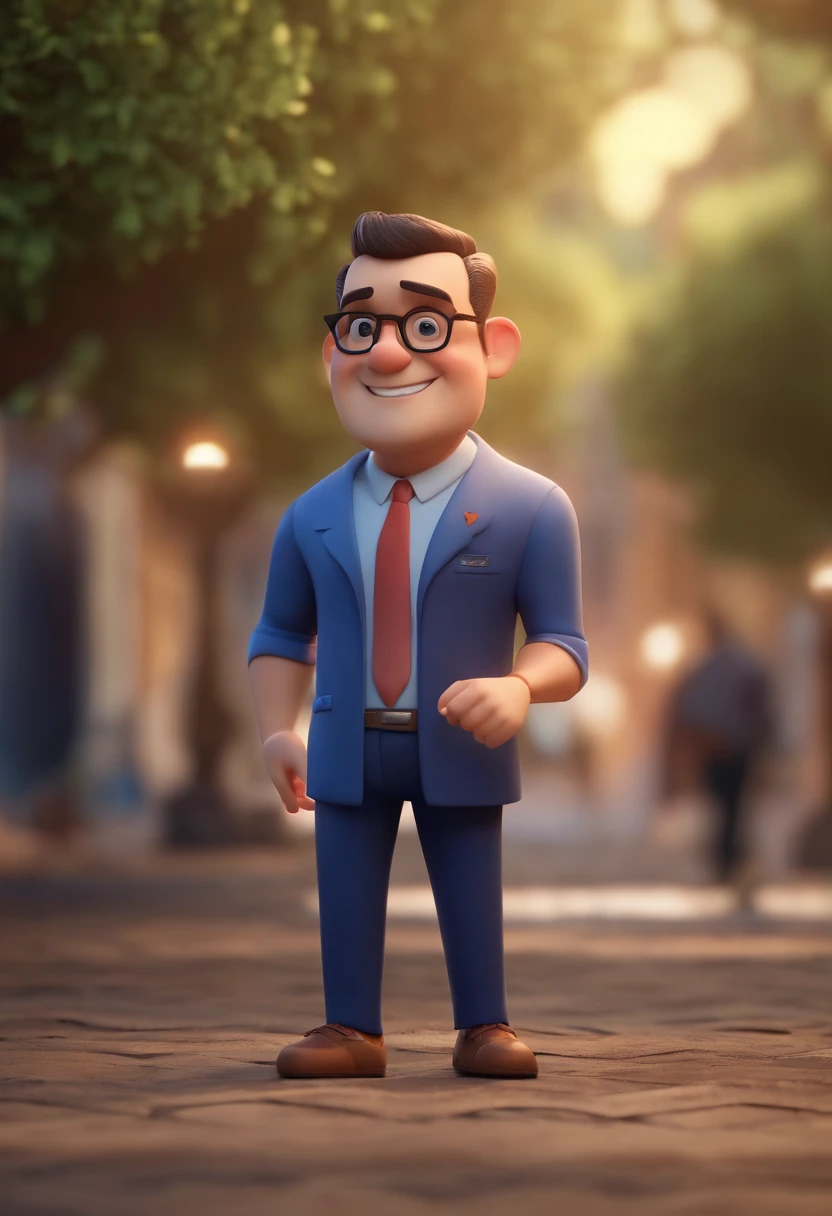 Cartoon character of a man wearing black glasses and a blue shirt, um personagem animado, Caractere estilizado, animation style rendering, 3D estilizado, Arnold Maya render, 3 d render stylized, toon render keyshot, Personagem 3D, Personagem 3D, 3d rendering stylized, 3 d character render, personagem de desenho animado, Personagem de close up, Pose de personagem, (Estilo Pixar) (master part:1.2) (Bokeh) (best quality) (pele detalhada) (textura detalhada) (8k) (argila) (Cinematic lighting) (foco nítido，Senta e vaza a parte superior do corpo
