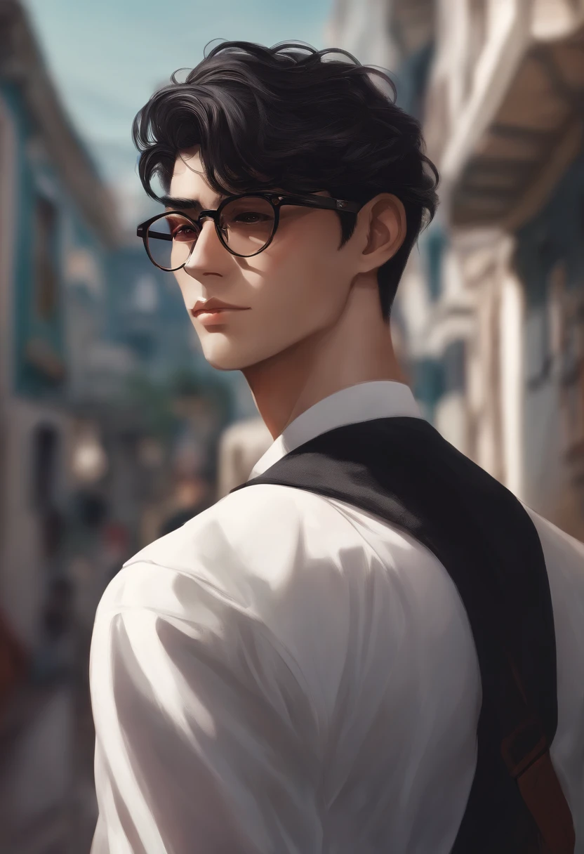 Anime character of a man with black glasses, magro, com cavanhaque preto, triste,