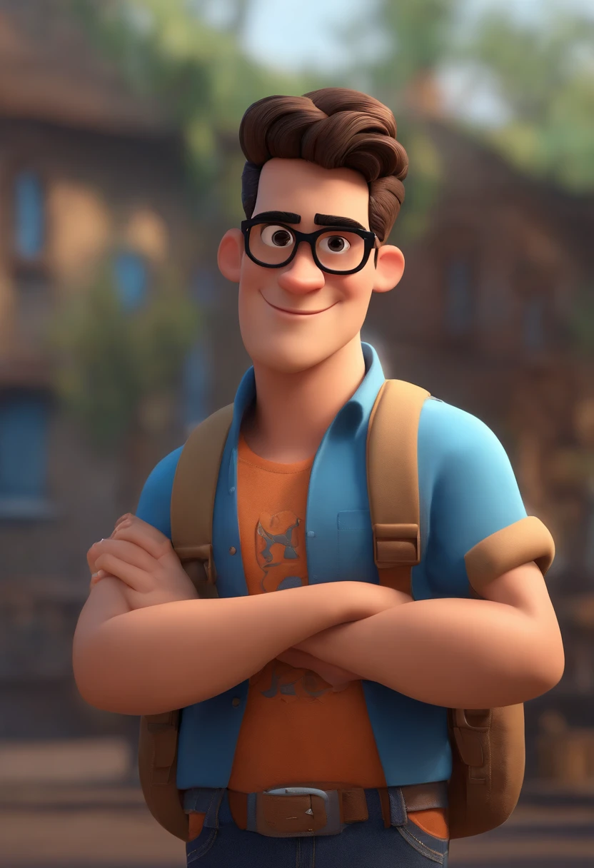 Cartoon character of a young man with black glasses and a blue t-shirt, Carinhoso, feliz, trabalha com obras, Tratores, machines, asfalto, animation character, Caractere estilizado, animation style rendering, 3D estilizado, Arnold Maya render, 3 d render stylized, toon render keyshot, Personagem 3D, Personagem 3D, 3d rendering stylized, 3 d character render, personagem de desenho animado, Personagem de close up, Pose de personagem,  (Estilo Pixar) (master part:1.2) (Bokeh) (best quality) (pele detalhada) (textura detalhada) (8k) (argila) (Cinematic lighting) (foco nítido