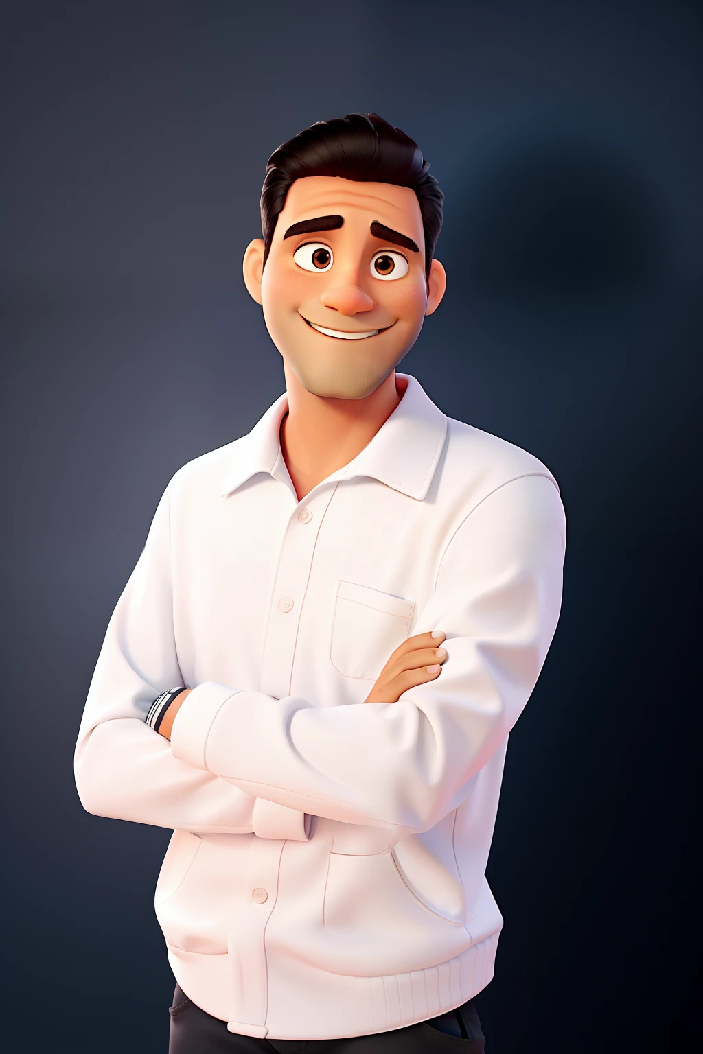 Pode melhorar barba mais rala com uns fios brancos, Make the full body appearing white red shoes. Man stands on black background on a speaker-like stage with microphone in one hand and book in the other in Disney pixar style best quality, maior qualidade.