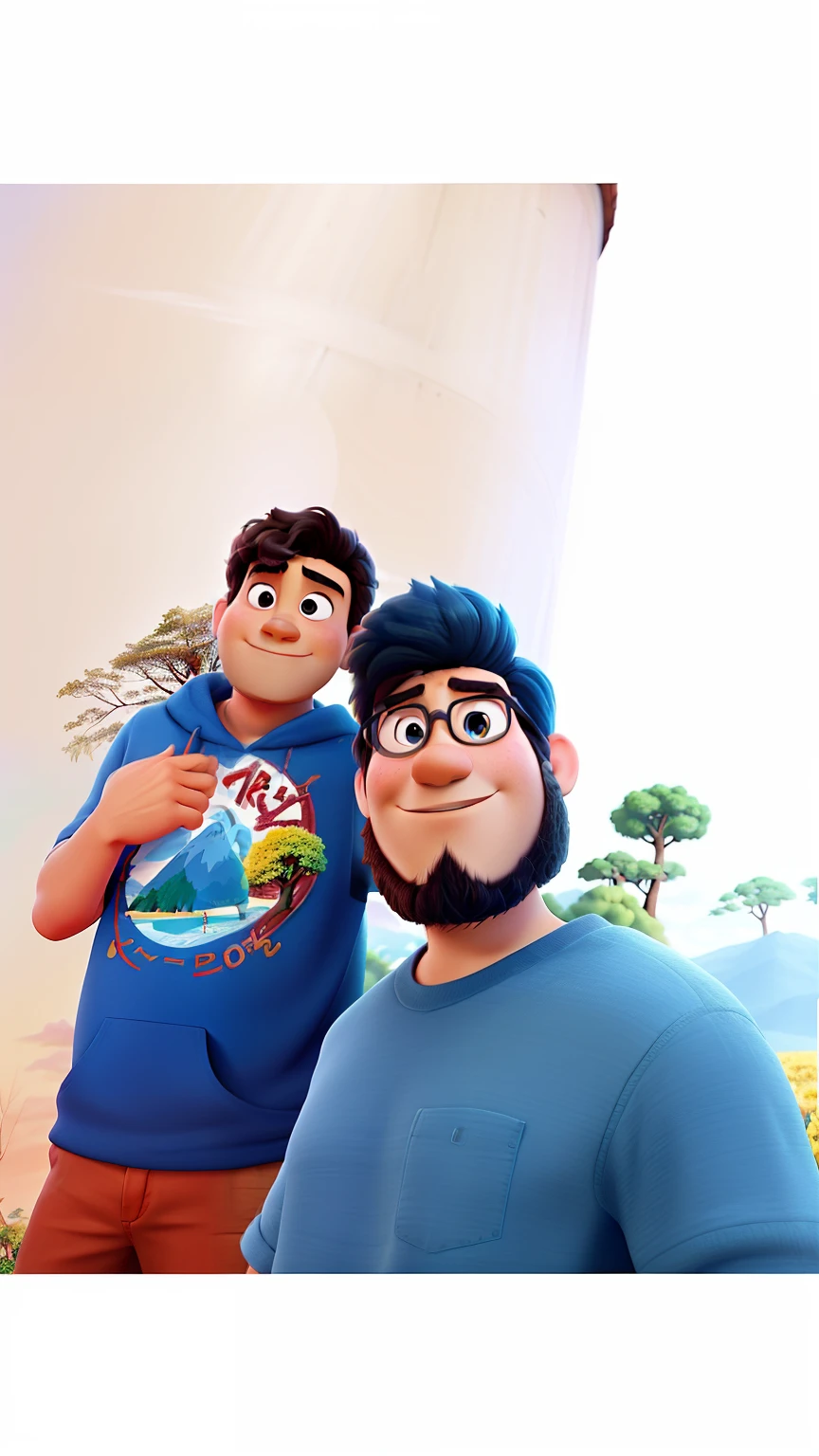 Poster da Pixar, 4k, alta resolução, great quality, pai 37anos e filho , no Cristo redentor, With a tree in the background and a blue sky.