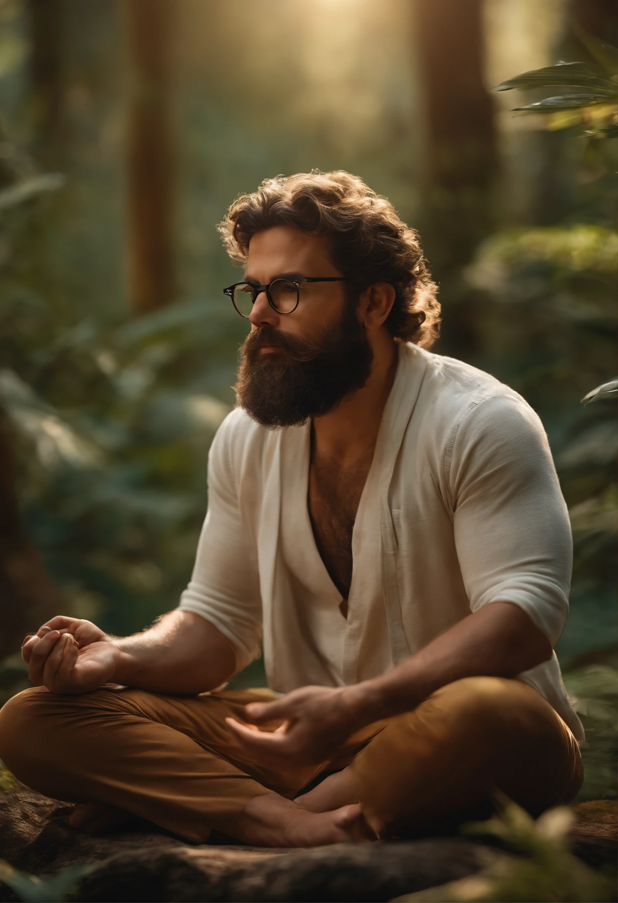 Imagem estilo Disney Pixar homem 30 anos branco, barba, cabelos castanhos e cacheados, round glasses, alegre, IN MEDITATION POSE, floresta, sol, animais