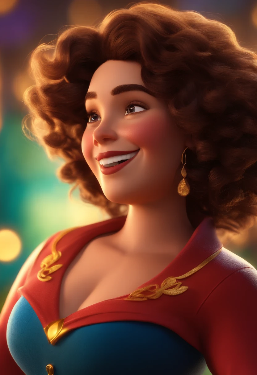 Pixar style image with 3D character brunette woman plus size short curly hair with golden highlights dancing, Maquiagem Disney,Pescador, bonitinho, sorridente ,Close-up, Pixar, Disney, Cinema lighting,