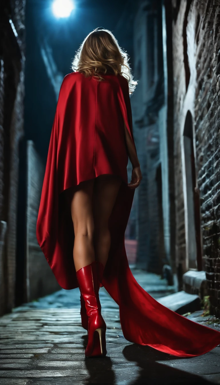 Dark, night
Urban city
Back view
Supergirl
Walking in narrow back alley
Wind blowing her cape and skirt
Revealing red thong
Big ass
Red high heel boots