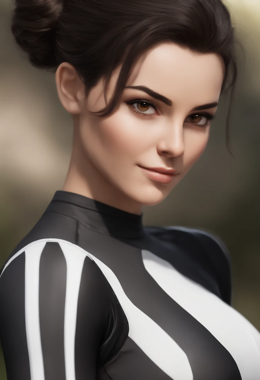 anime young woman, with light-brown eyes and a height of 5'6". Her physique boasts a lean and athletic build. She has black hair, typically kept in a tidy bun. Two antennas on her head that make her look like an ant. She's wearing a black skintight spandex that goes down to her legs, with white stripes that make her resemble a black ant.