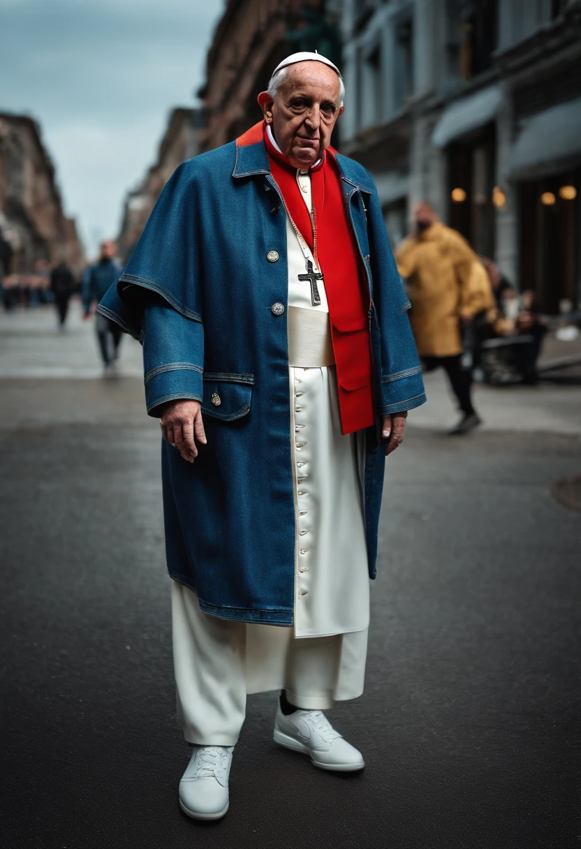A photo of the pope, wearing a Jean jacket, Nike shoes, in a city, facing the camera